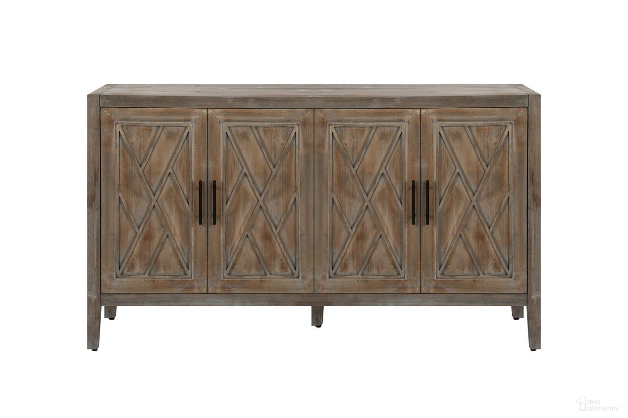60 Inch Distressed Carved Geometric Sideboard with Four Doors In Natural and Brown