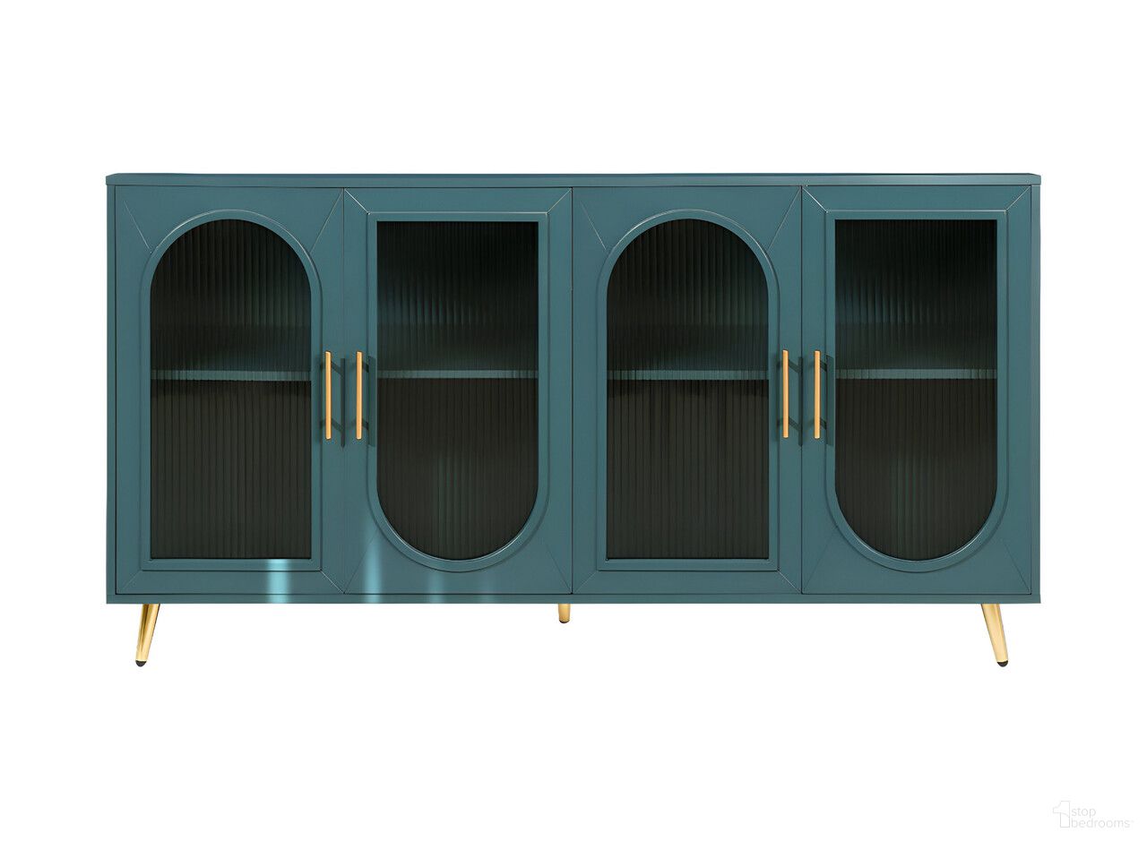 60 Inch Ribbed Texture Sideboard with Four Doors In Teal Blue