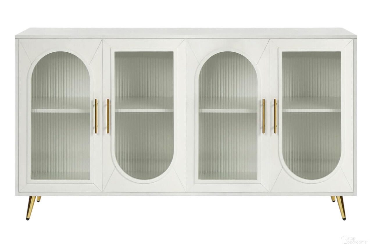 60 Inch Ribbed Texture Wood and Glass Sideboard with Four Doors In White