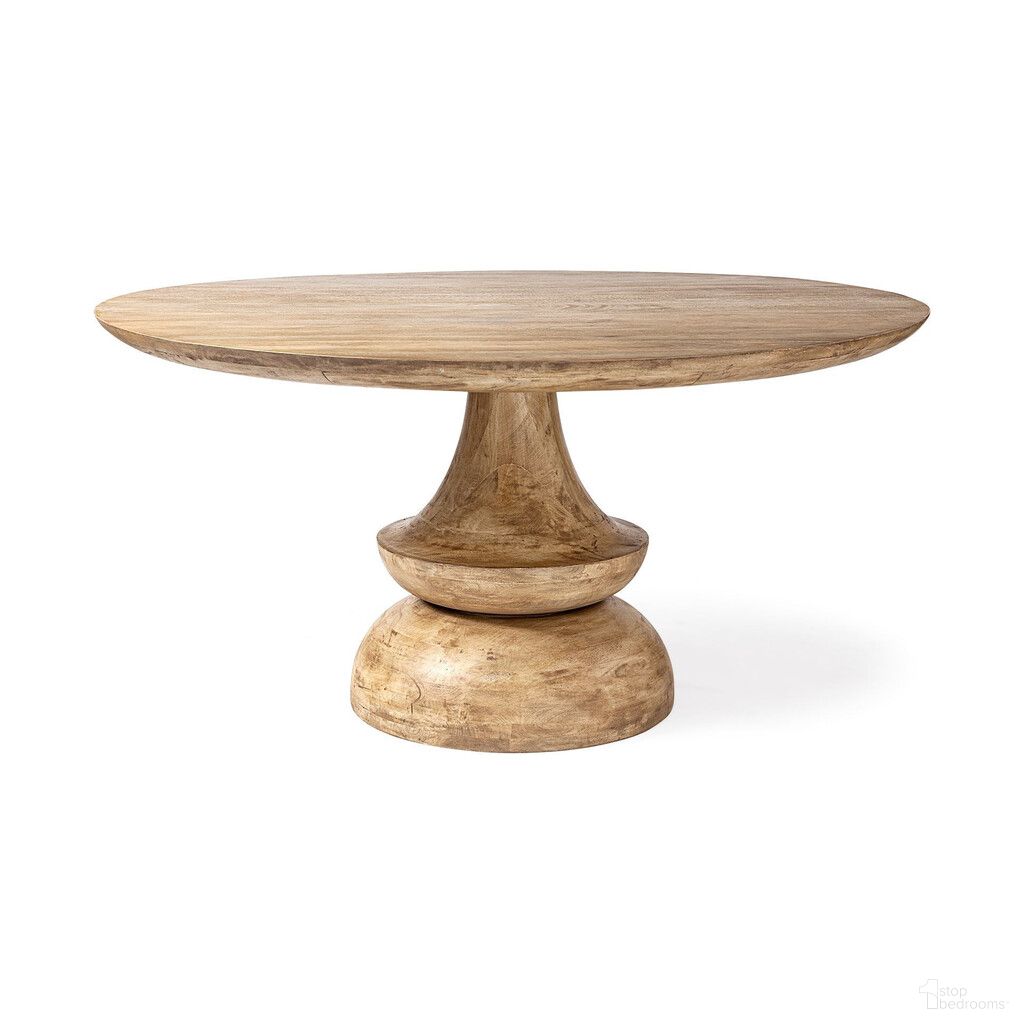 The appearance of 60 Inch Rounded Solid Wood Pedestal Base Dining Table In Natural designed by Homeroots in the transitional interior design. This natural piece of furniture  was selected by 1StopBedrooms from  to add a touch of cosiness and style into your home. Sku: 380473. Table Base Style: Pedestal. Table Top Shape: Round. Size: 60". Material: Solid Wood.