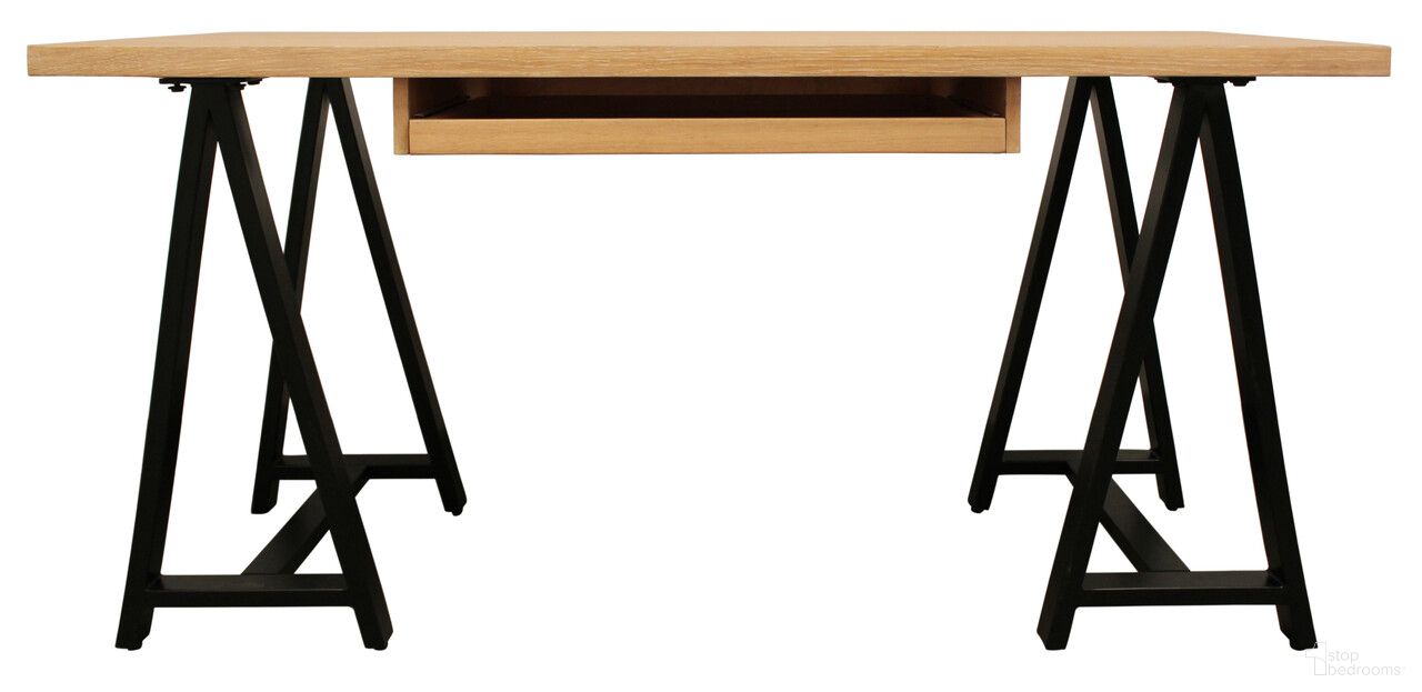 60 Inch Solid Wood and Metal Trestle Executive Desk In Black and Natural