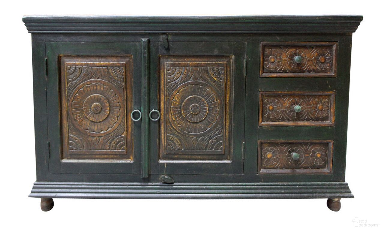 The appearance of 60 Inch Solid Wood Three Drawer Buffet Table with Two Doors In Dark Brown and Green designed by Homeroots in the traditional interior design. This dark brown and green piece of furniture  was selected by 1StopBedrooms from  to add a touch of cosiness and style into your home. Sku: 488610. Material: Solid Wood.
