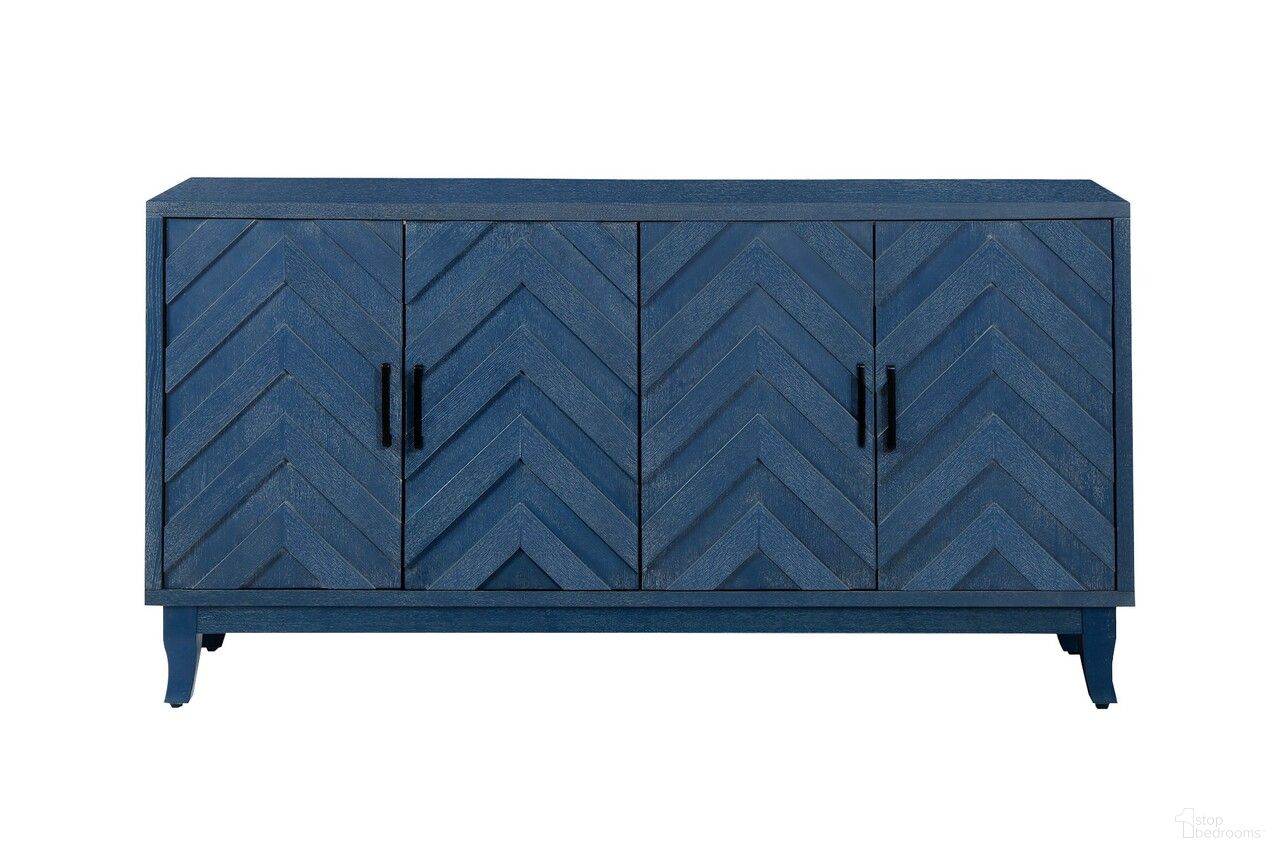 60 Inch Textural Chevron Distressed Wood Sideboard with Four Doors In Blue