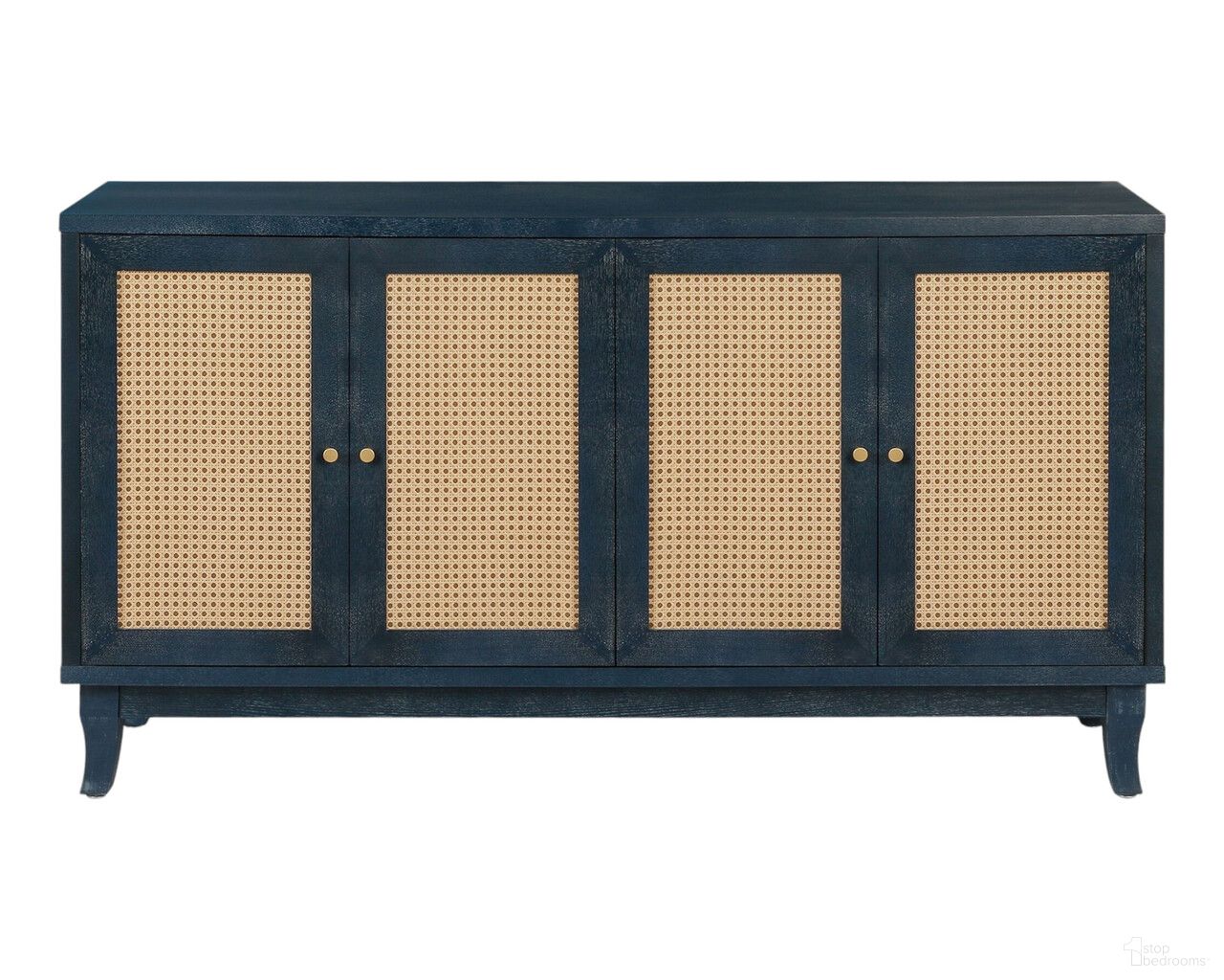 60 Inch Wood and Rattan Distressed Sideboard with Four Doors In Blue