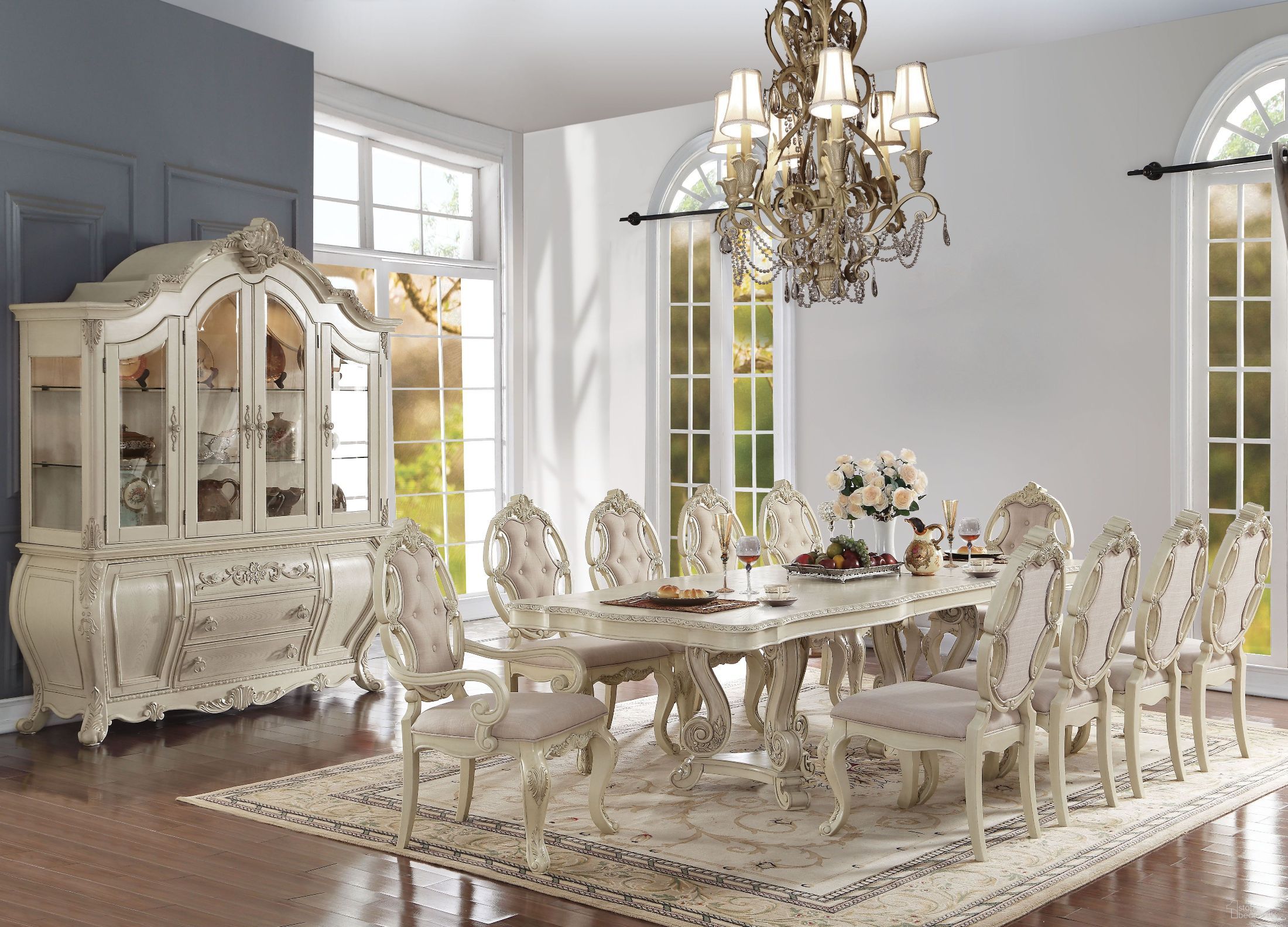 The appearance of Ragenardus Antique White Double Pedestal Dining Room Set designed by ACME in the rustic / southwestern interior design. This white piece of furniture was selected by 1StopBedrooms from Ragenardus Collection to add a touch of cosiness and style into your home. Sku: 61280T;61281ST;61282. Table Base Style: Double Pedestal. Material: Wood. Table Top Shape: Rectangular. Size: 44" x 114".