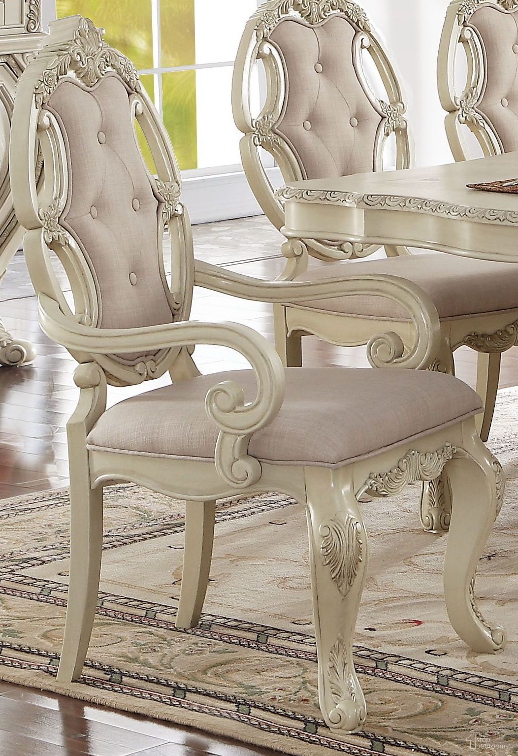 The appearance of Ragenardus Antique White Arm Chair Set of 2 designed by ACME in the rustic / southwestern interior design. This white piece of furniture  was selected by 1StopBedrooms from Ragenardus Collection to add a touch of cosiness and style into your home. Sku: 61283. Material: Fabric. Chair Type: Arm Chair.