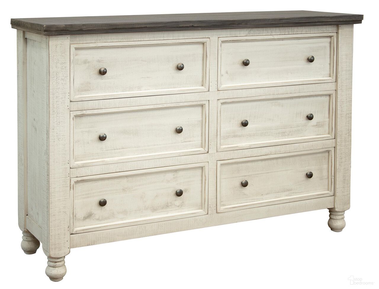 62 Inch Solid Wood Six Drawer Double Dresser In Gray and Ivory