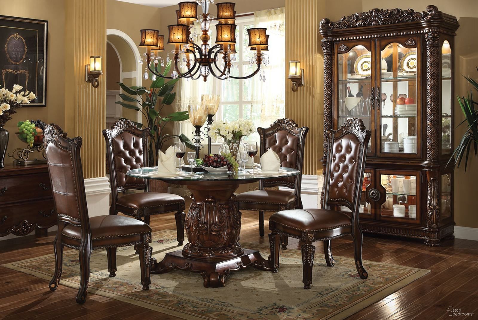 The appearance of Acme Vendome 5PC Single Pedestal Dining Room Set with Tempered Glass Top in Cherry designed by ACME in the rustic / southwestern interior design. This cherry piece of furniture was selected by 1StopBedrooms from Vendome Collection to add a touch of cosiness and style into your home. Sku: 62010ST;07800GL;62012PED;62004. Table Base Style: Pedestal. Table Top Shape: Round. Material: Wood. Size: 54".