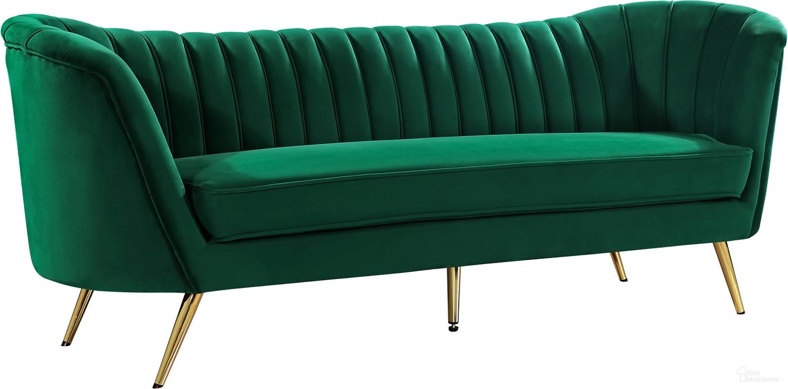 The appearance of Margo Velvet Sofa In Green designed by Meridian in the modern / contemporary interior design. This green piece of furniture was selected by 1StopBedrooms from Margo Collection to add a touch of cosiness and style into your home. Sku: 622Green-S. Material: Velvet.