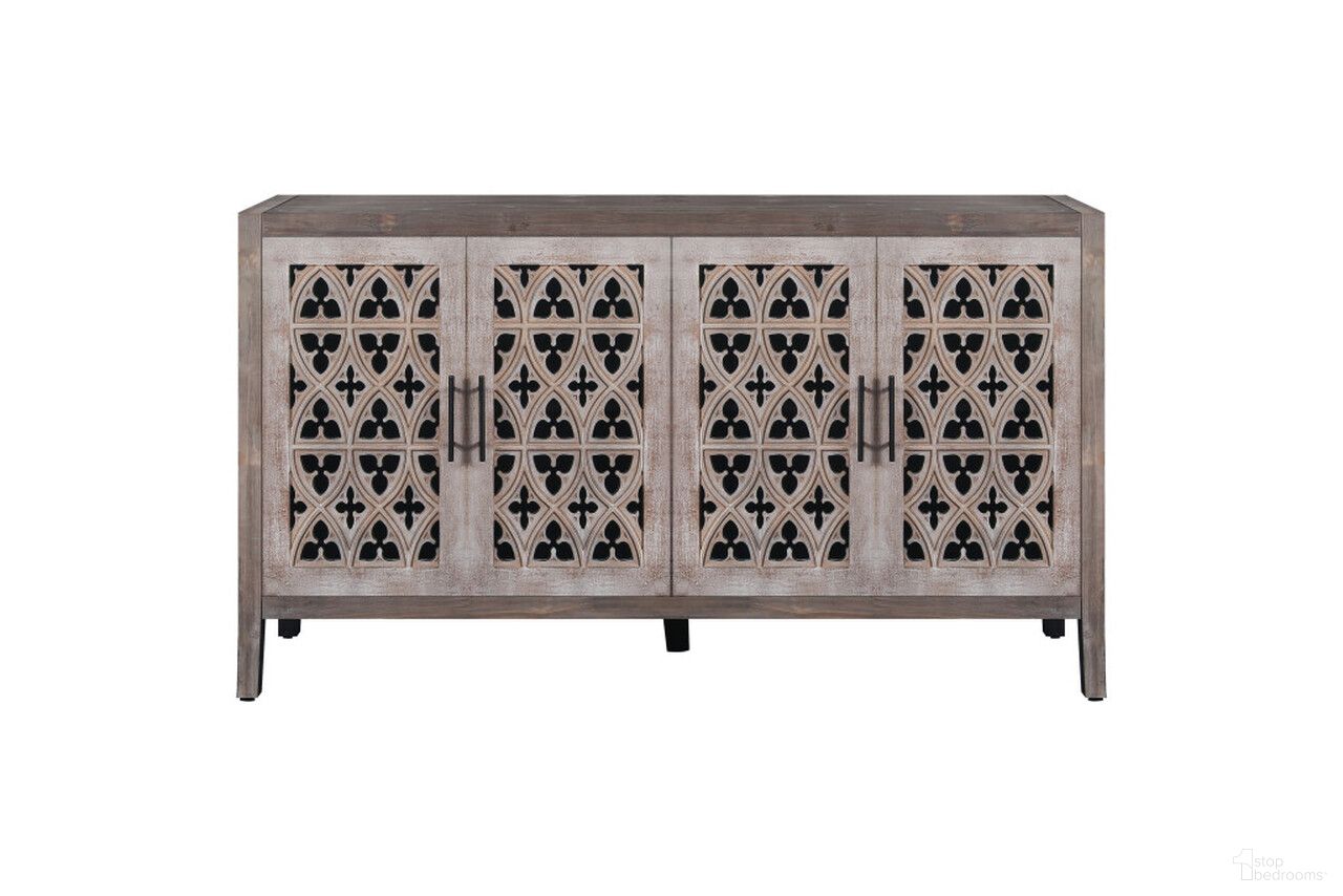 63 Inch Distressed Carved Scrollwork Sideboard with Four Doors In Brown