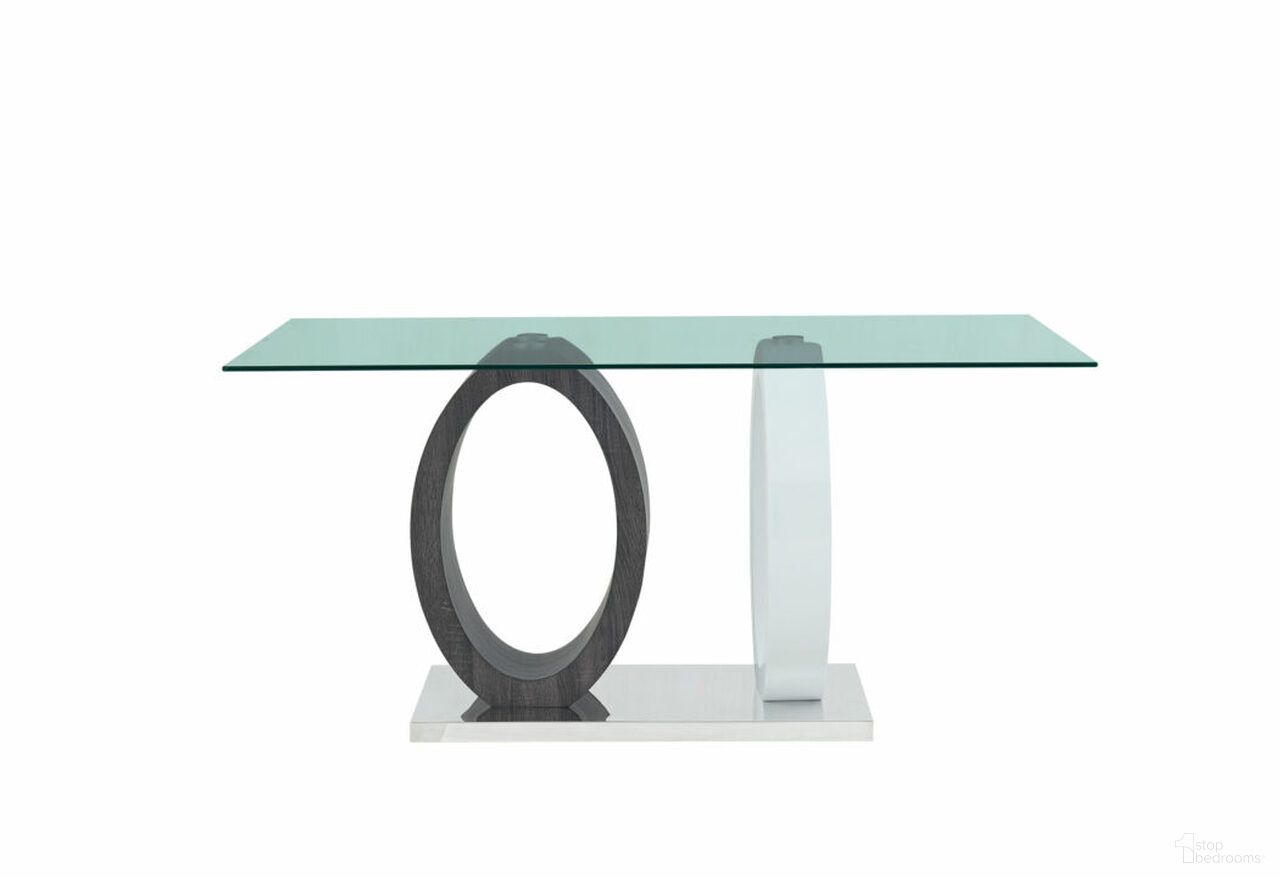 The appearance of 63 Inch Glass and Metal Double Pedestal Base Dining Table In Clear Gray and White designed by Homeroots in the modern / contemporary interior design. This clear gray and white piece of furniture  was selected by 1StopBedrooms from  to add a touch of cosiness and style into your home. Sku: 383830. Table Base Style: Double Pedestal. Material: Glass. Table Top Shape: Rectangular. Size: 36" x 63".