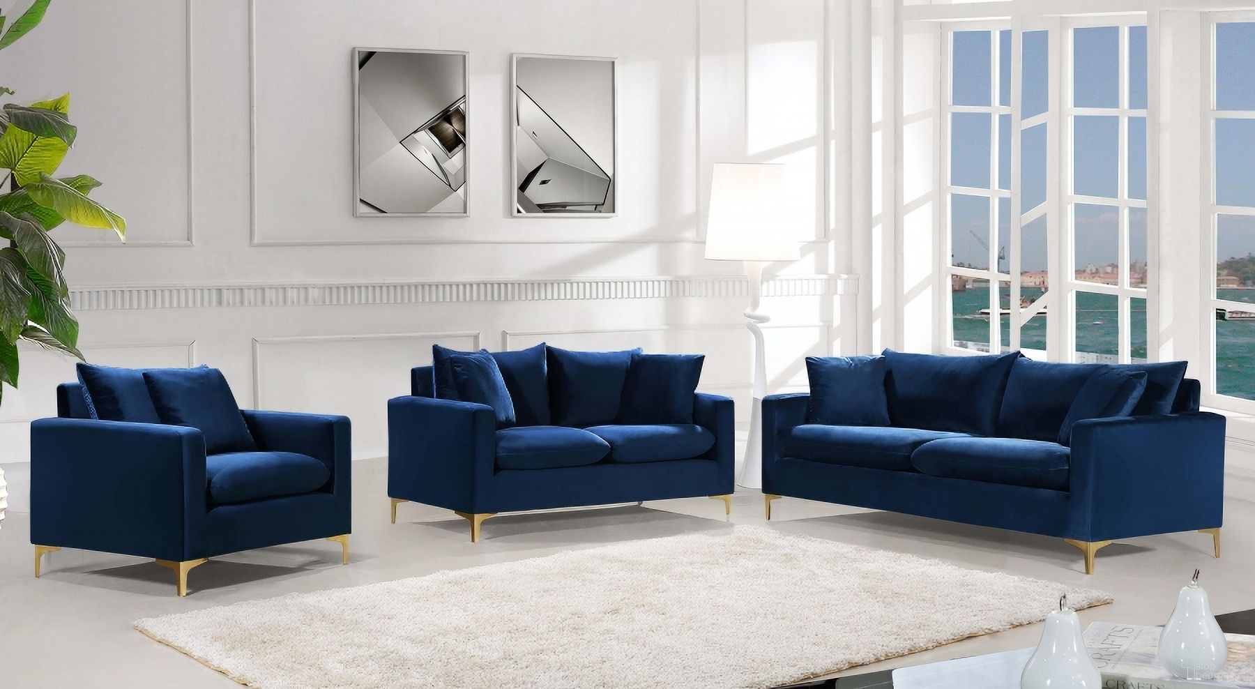 The appearance of Meridian Naomi 2pc Velvet Living Room Set in Navy designed by Meridian in the modern / contemporary interior design. This navy piece of furniture  was selected by 1StopBedrooms from Naomi Collection to add a touch of cosiness and style into your home. Sku: 633Navy-S;633Navy-L. Material: Velvet.