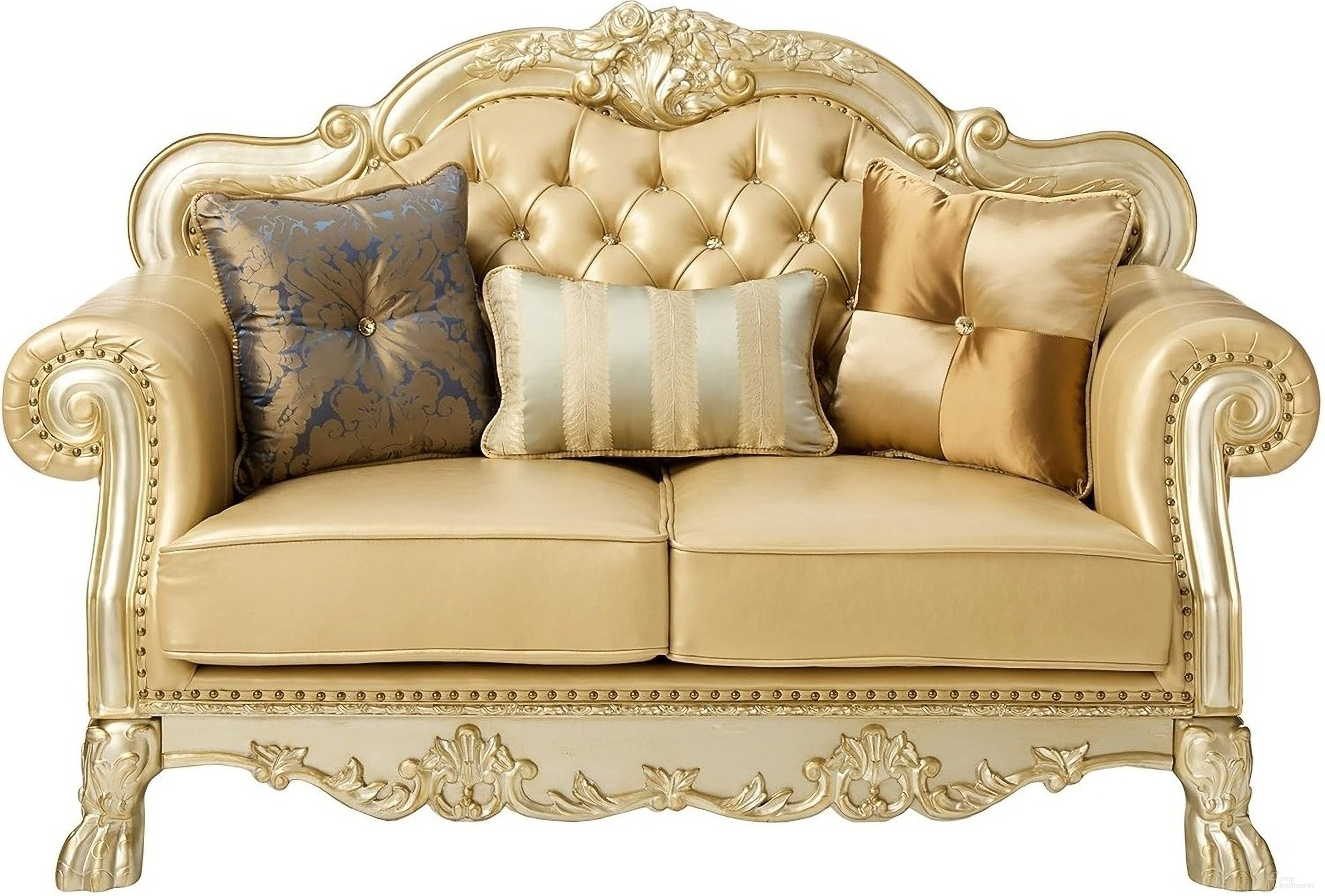 The appearance of 64 Inch Faux Leather Loveseat and Toss Pillows In Bone and Gold designed by Homeroots in the modern / contemporary interior design. This bone and gold piece of furniture was selected by 1StopBedrooms from to add a touch of cosiness and style into your home. Sku: 515706. Material: Faux Leather.