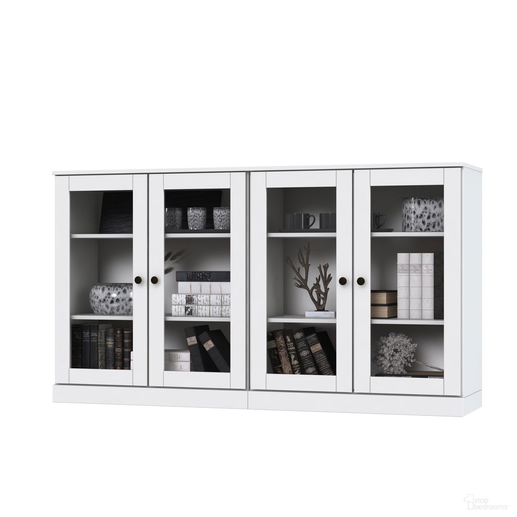 64 Inch Sideboard with Clear Glass Doors and Adjustable Shelves In White