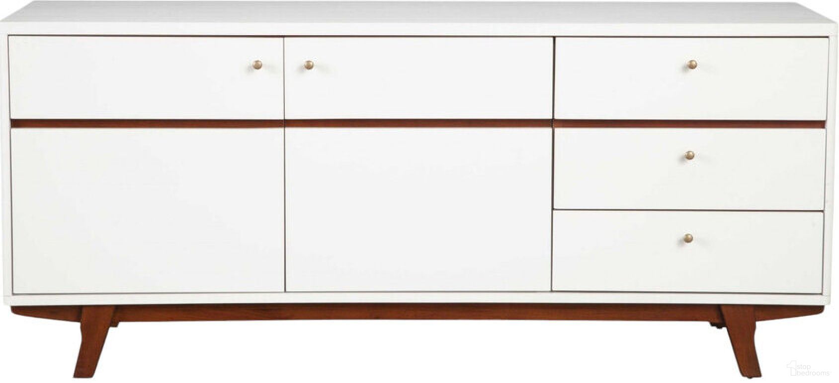 65 Inch Mahogany Solids and Veneer Cabinet Enclosed Storage TV Stand In White
