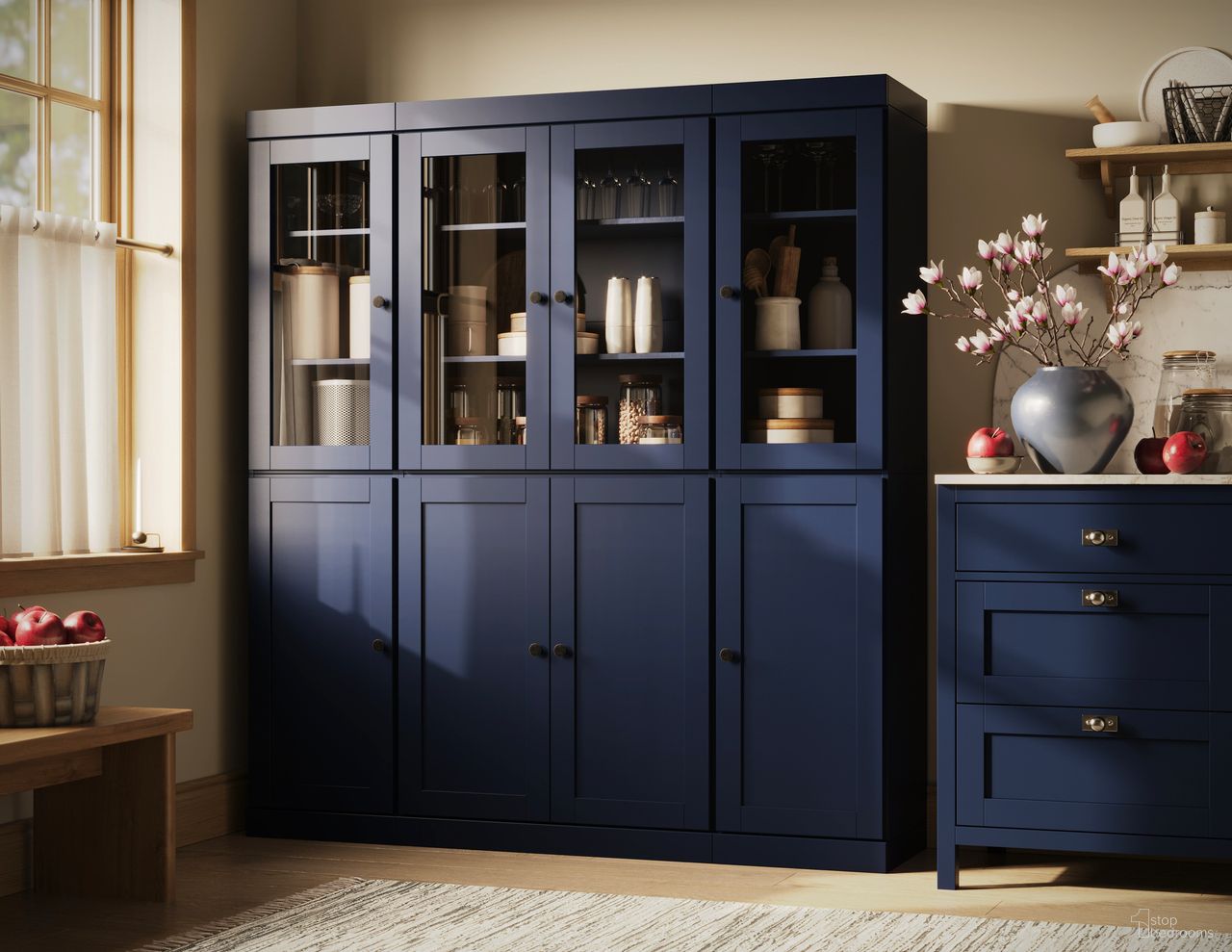 The appearance of 65 Inch Pantry China Cabinet with Clear Glass and Shaker Doors In Navy Blue designed by Palace Imports in the modern / contemporary interior design. This navy blue piece of furniture was selected by 1StopBedrooms from to add a touch of cosiness and style into your home. Sku: 339-15. Material: Solid Pine Wood.