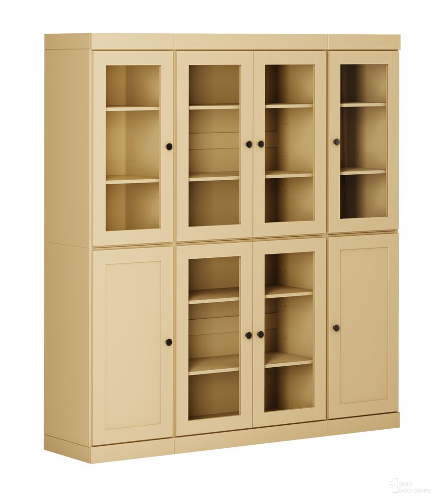 65 Inch Pantry China Cabinet with Clear Glass and Shaker Doors In Yellow