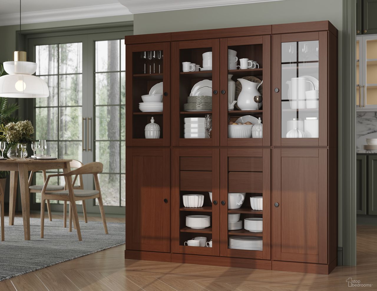 65 Inch Pantry China Cabinet with Shaker Doors and 2-Drawers In Mocha
