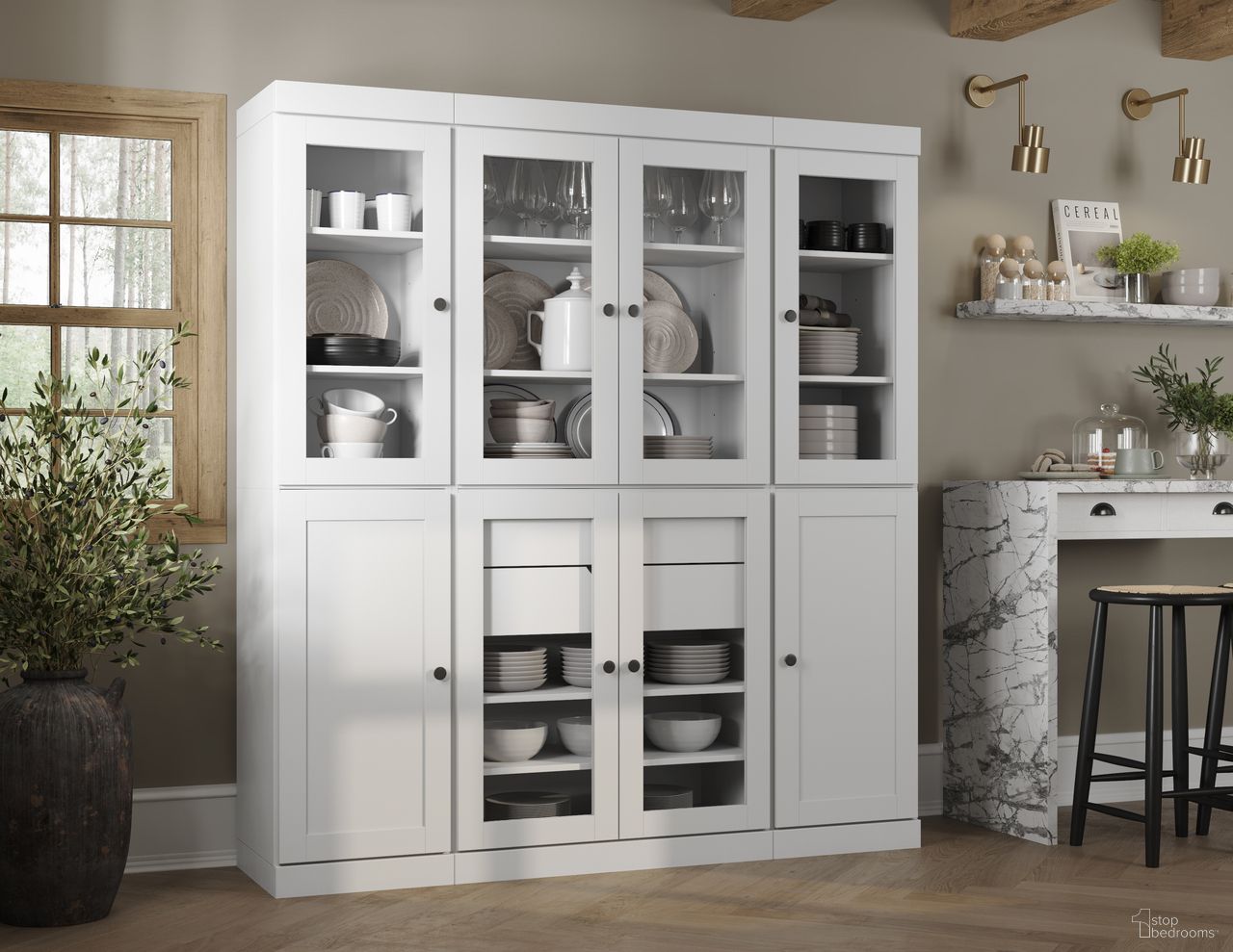65 Inch Pantry China Cabinet with Shaker Doors and 2-Drawers In White