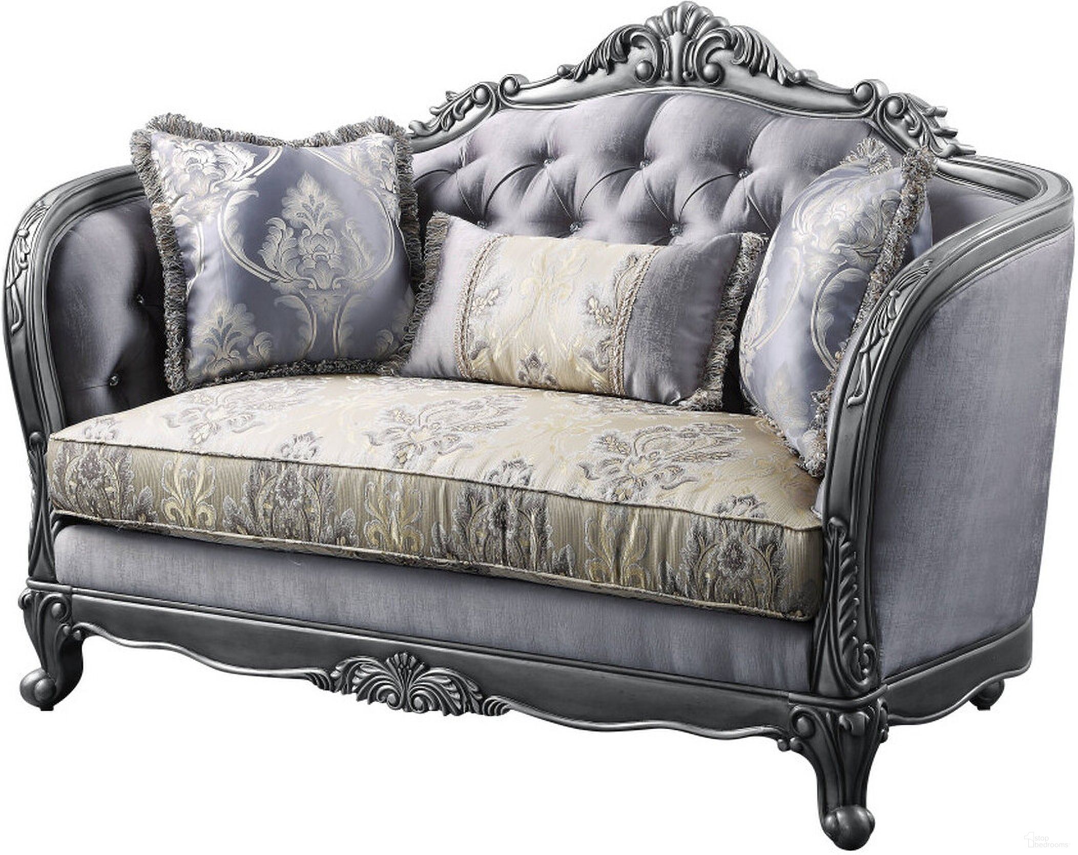The appearance of 65 Inch Silk Blend Loveseat and Toss Pillows In Platinum and Gray designed by Homeroots in the transitional interior design. This platinum/gray piece of furniture was selected by 1StopBedrooms from to add a touch of cosiness and style into your home. Sku: 515745. Material: Silk.