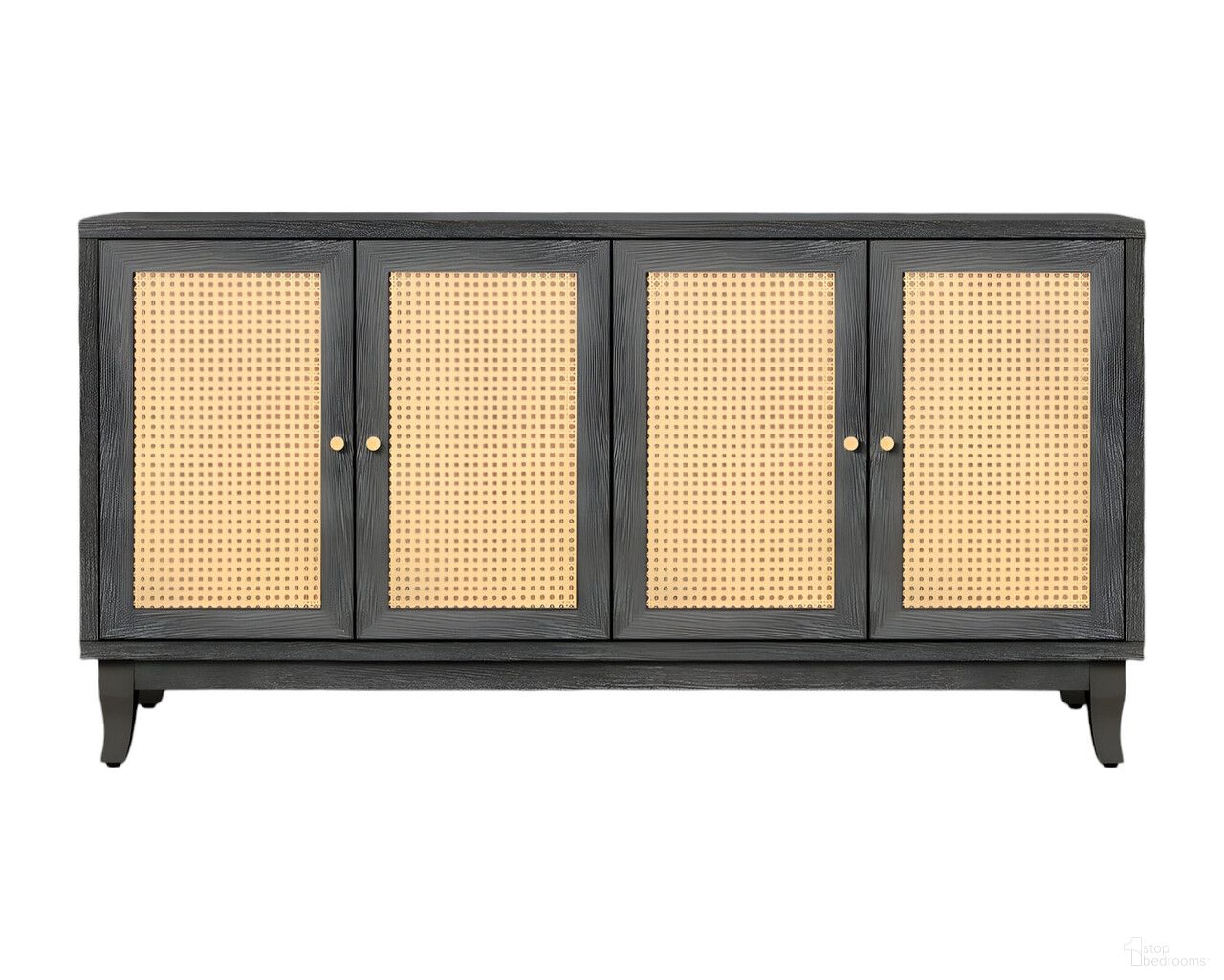 65 Inch Wood and Rattan Sideboard with Four Doors In Charcoal and Natural