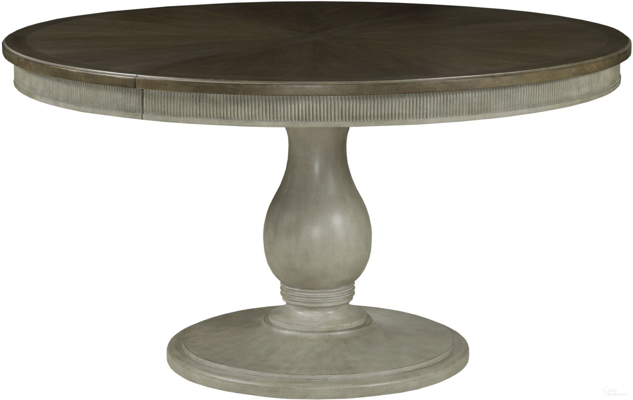 The appearance of Savona Versaille and Elm Octavia Round Extendable Dining Table designed by American Drew in the transitional interior design. This brown piece of furniture was selected by 1StopBedrooms from Savona Collection to add a touch of cosiness and style into your home. Sku: 654-701;654-B01. Table Base Style: Pedestal. Table Top Shape: Round. Material: Wood. Size: 56".