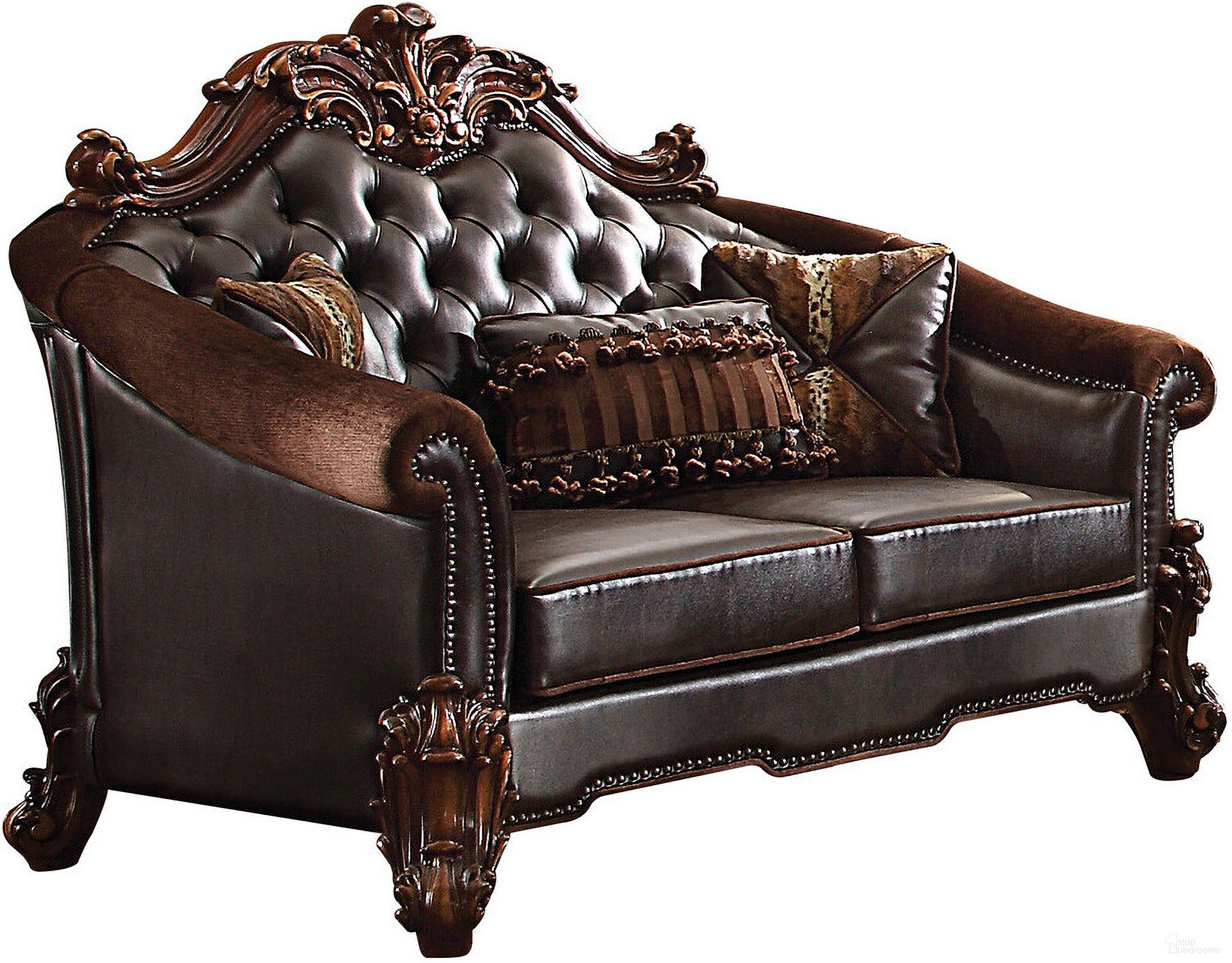 The appearance of 66 Inch Chenille and Faux Leather Loveseat and Toss Pillows In Brown and Dark Brown designed by Homeroots in the transitional interior design. This brown/dark brown piece of furniture  was selected by 1StopBedrooms from  to add a touch of cosiness and style into your home. Sku: 515705. Material: Chenille.