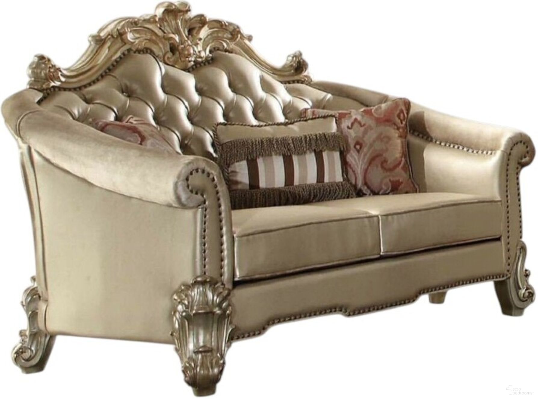 The appearance of 67 Inch Faux Leather Loveseat and Toss Pillows In Bone and Gold designed by Homeroots in the modern / contemporary interior design. This bone and gold piece of furniture was selected by 1StopBedrooms from to add a touch of cosiness and style into your home. Sku: 515704. Material: Faux Leather.