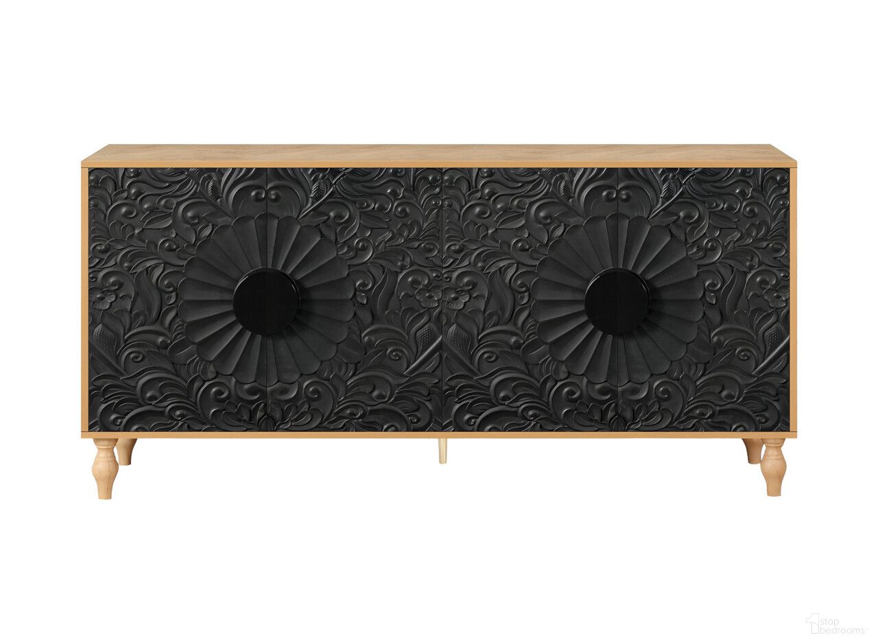The appearance of 68 Inch Distressed Carved Floral Sideboard with Four Doors In Black and Natural designed by Homeroots in the rustic / southwestern interior design. This black and natural piece of furniture was selected by 1StopBedrooms from to add a touch of cosiness and style into your home. Sku: 568414. Material: Wood.