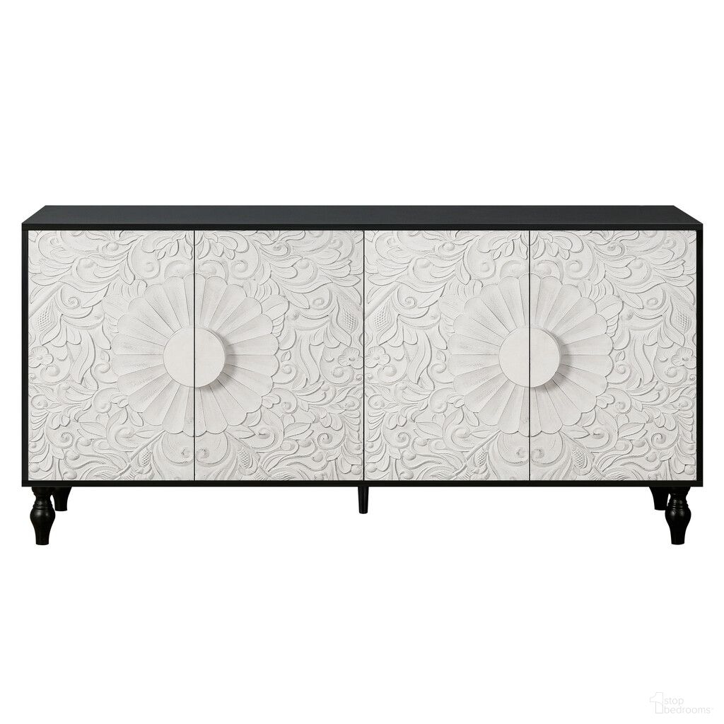 68 Inch Distressed Carved Floral Sideboard with Four Doors In Black and White