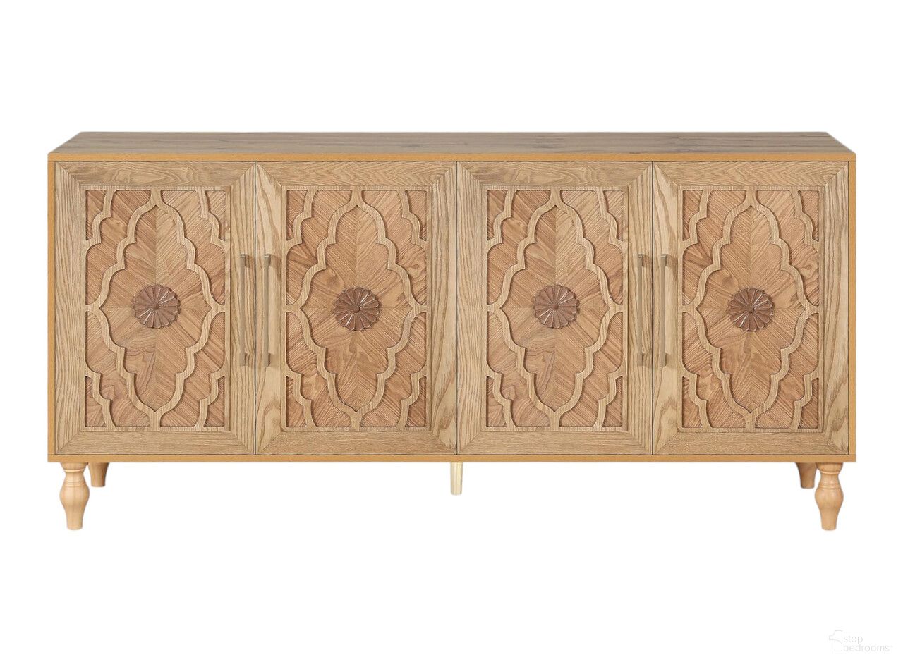 The appearance of 68 Inch Distressed Carved Geometric Sideboard with Four Doors In Natural designed by Homeroots in the rustic / southwestern interior design. This natural piece of furniture was selected by 1StopBedrooms from to add a touch of cosiness and style into your home. Sku: 568412. Material: Wood.