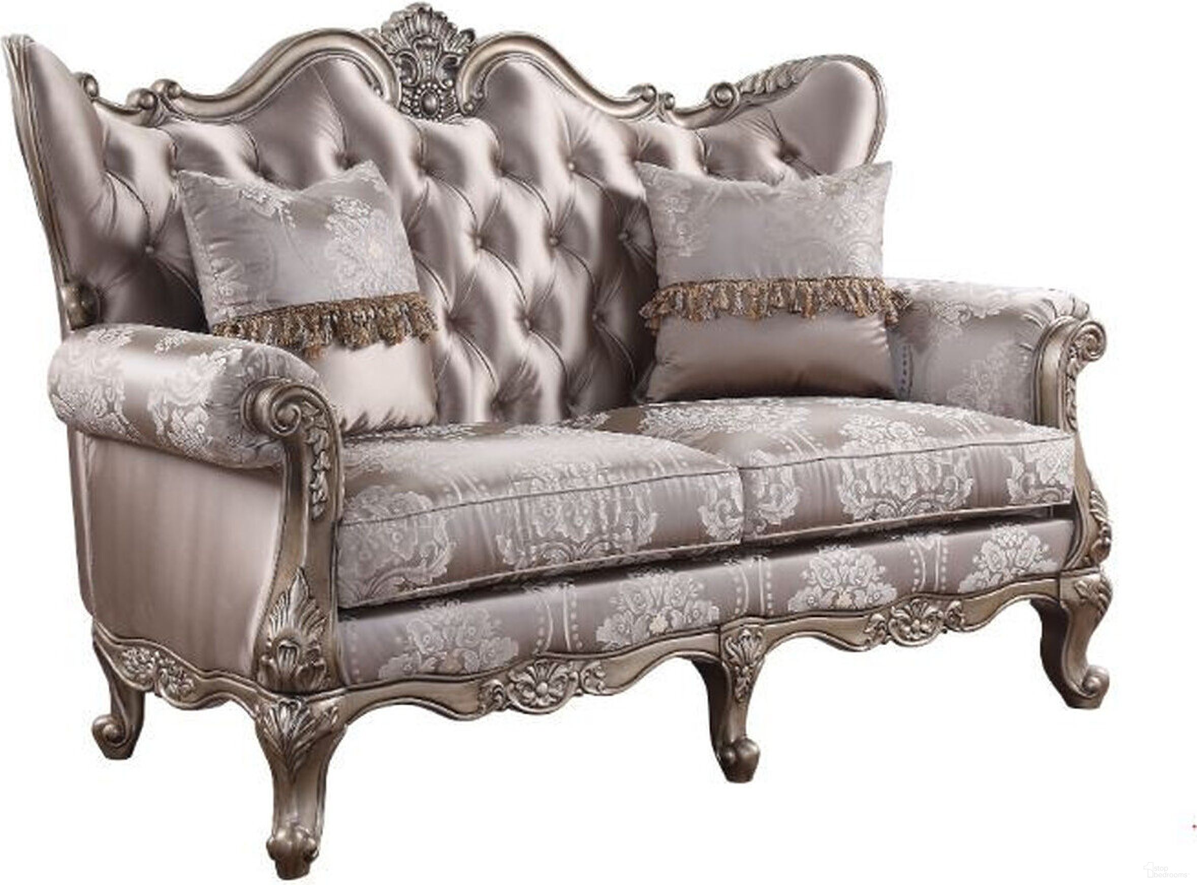 The appearance of 68 Inch Silk Blend Loveseat and Toss Pillows In Pink and Platinum designed by Homeroots in the traditional interior design. This pink and platinum piece of furniture was selected by 1StopBedrooms from to add a touch of cosiness and style into your home. Sku: 515744. Material: Silk.