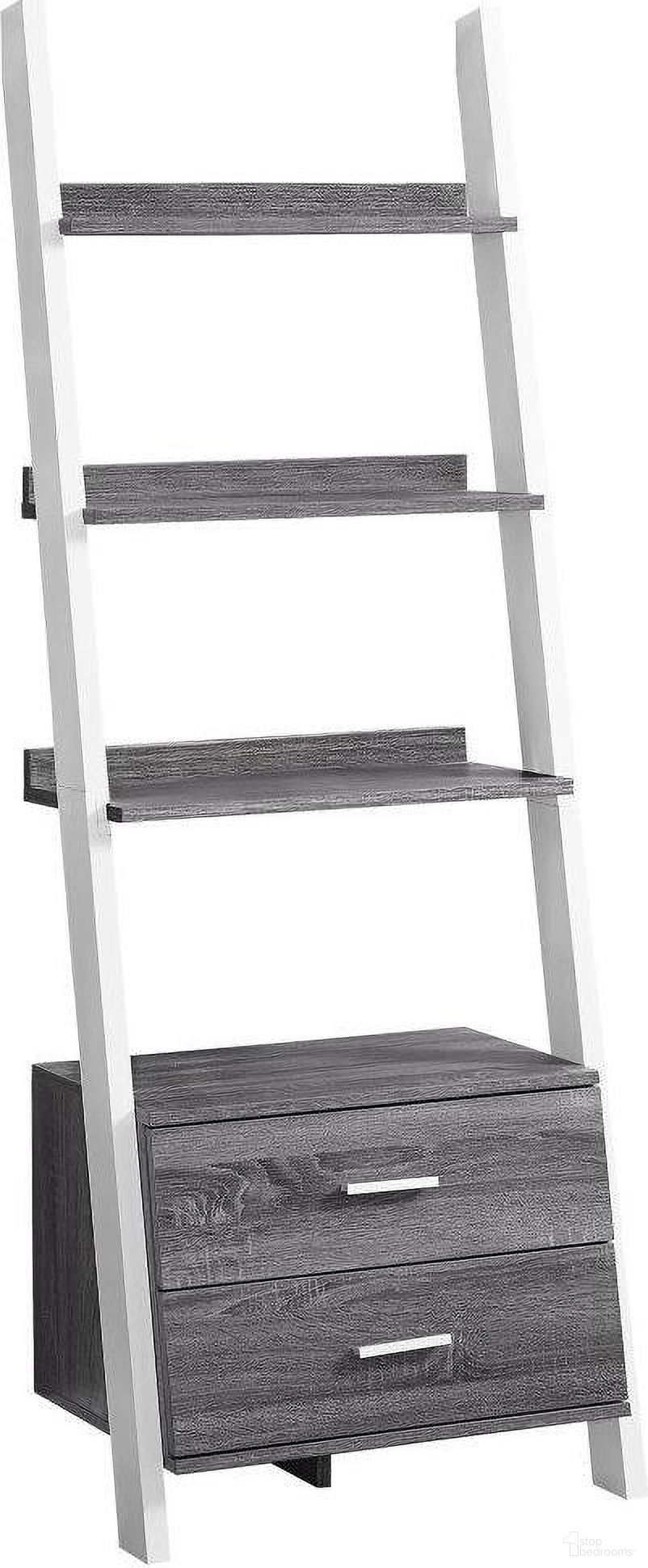 The appearance of 69 Inch Grey-White Ladder Bookcase With 2 Storage Drawer designed by Monarch Specialties in the modern / contemporary interior design. This grey piece of furniture  was selected by 1StopBedrooms from  to add a touch of cosiness and style into your home. Sku: I 2756. Material: MDF.