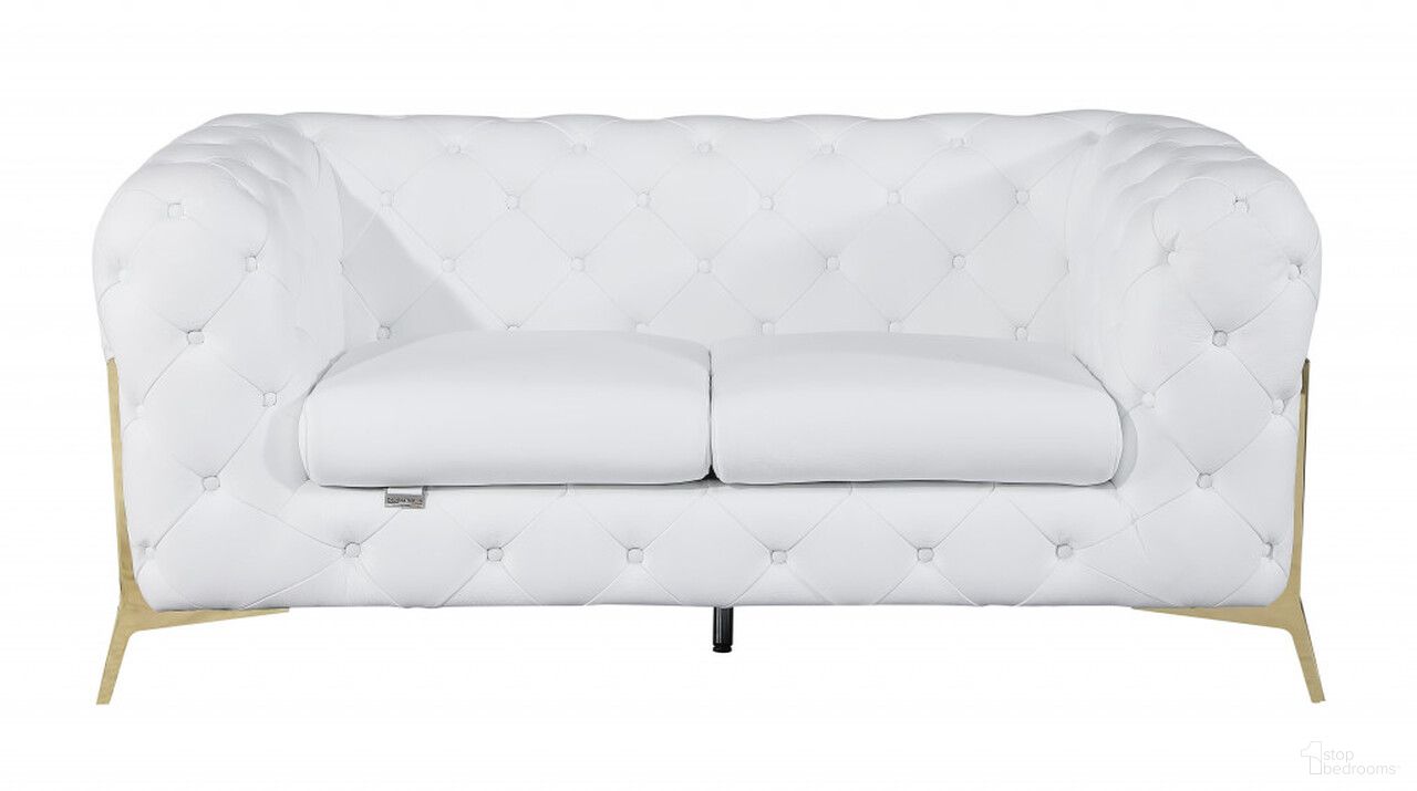 The appearance of 69 Inch Italian Leather Loveseat In White and Gold designed by Homeroots in the modern / contemporary interior design. This white and gold piece of furniture  was selected by 1StopBedrooms from  to add a touch of cosiness and style into your home. Sku: 477575. Material: Genuine Leather.