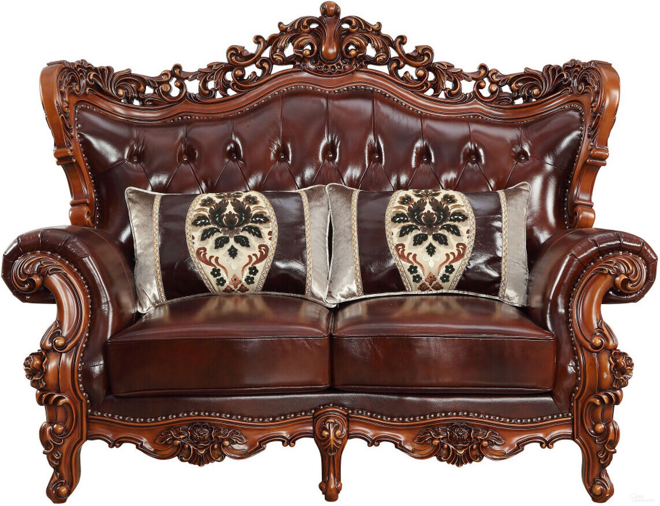 The appearance of 69 Inch Top Grain Leather Curved Loveseat and Toss Pillows In Brown and Walnut designed by Homeroots in the transitional interior design. This brown and walnut piece of furniture was selected by 1StopBedrooms from to add a touch of cosiness and style into your home. Sku: 515718. Material: Genuine Leather.