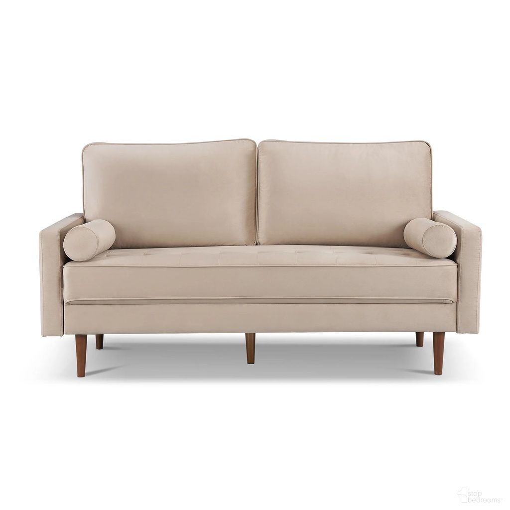 The appearance of 69 Inch Velvet Sofa and Toss Pillows with Dark Brown Legs In Beige designed by Homeroots in the transitional interior design. This beige piece of furniture  was selected by 1StopBedrooms from  to add a touch of cosiness and style into your home. Sku: 543709. Material: Velvet.