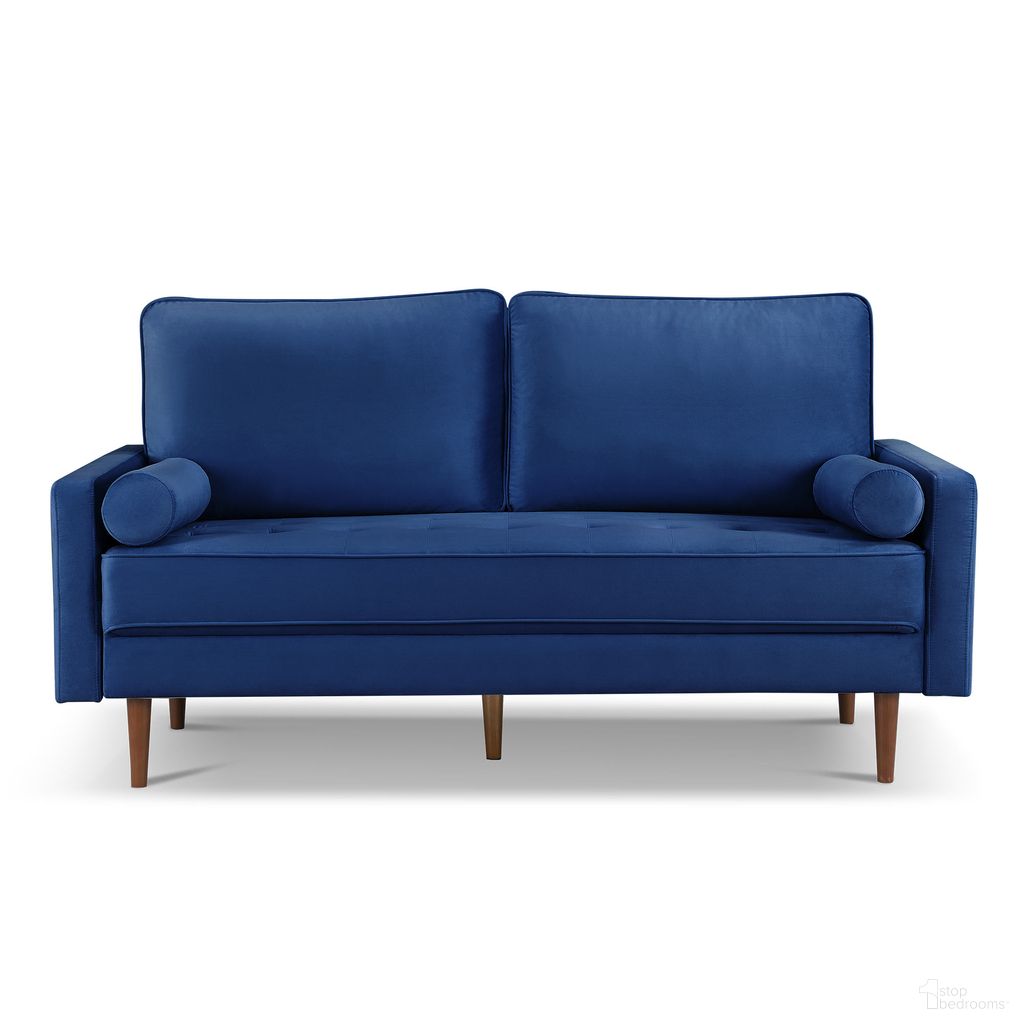 The appearance of 69 Inch Velvet Sofa and Toss Pillows with Dark Brown Legs In Blue designed by Homeroots in the transitional interior design. This blue piece of furniture was selected by 1StopBedrooms from to add a touch of cosiness and style into your home. Sku: 543706. Material: Velvet.