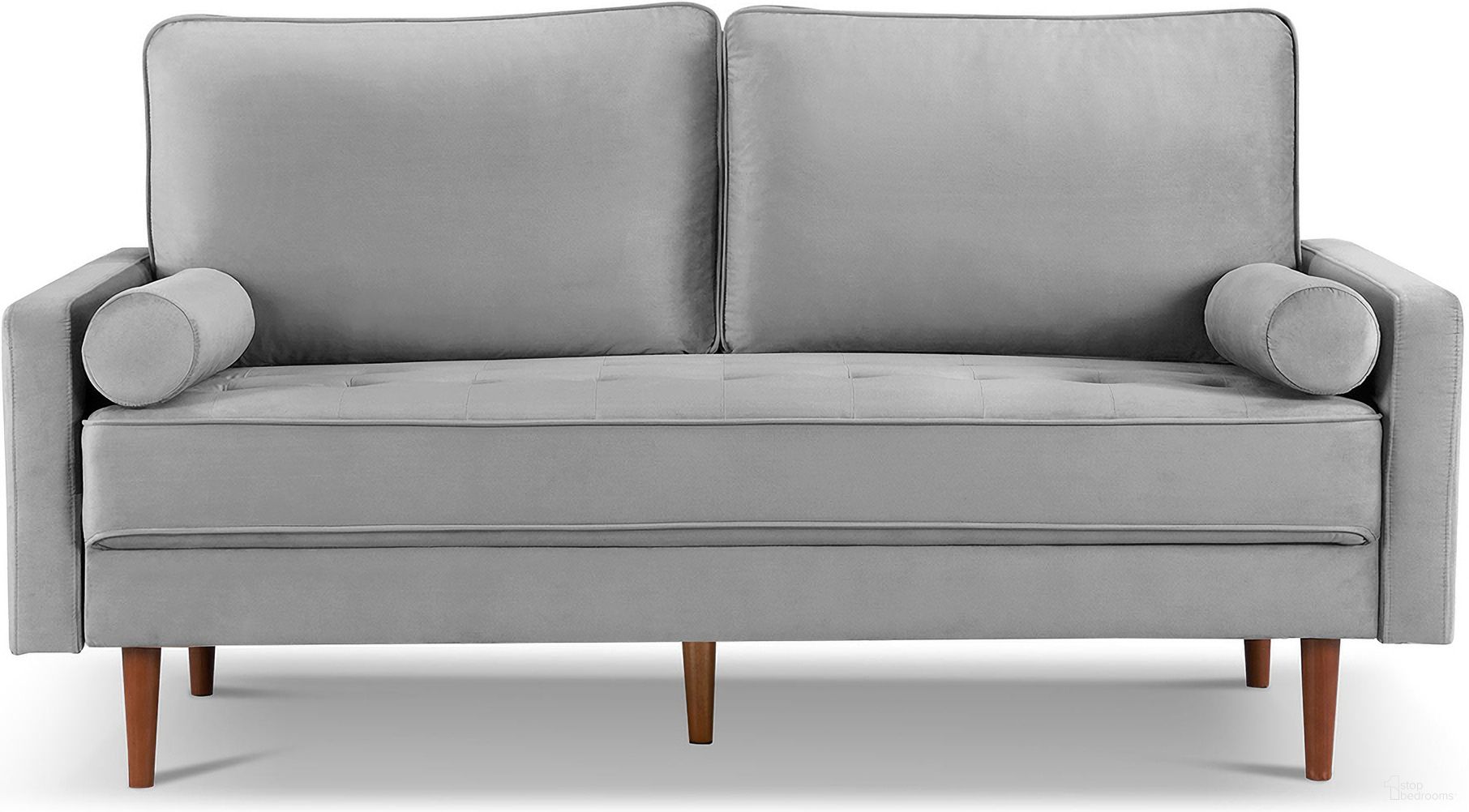 The appearance of 69 Inch Velvet Sofa and Toss Pillows with Dark Brown Legs In Gray designed by Homeroots in the transitional interior design. This gray piece of furniture was selected by 1StopBedrooms from to add a touch of cosiness and style into your home. Sku: 543707. Material: Velvet.