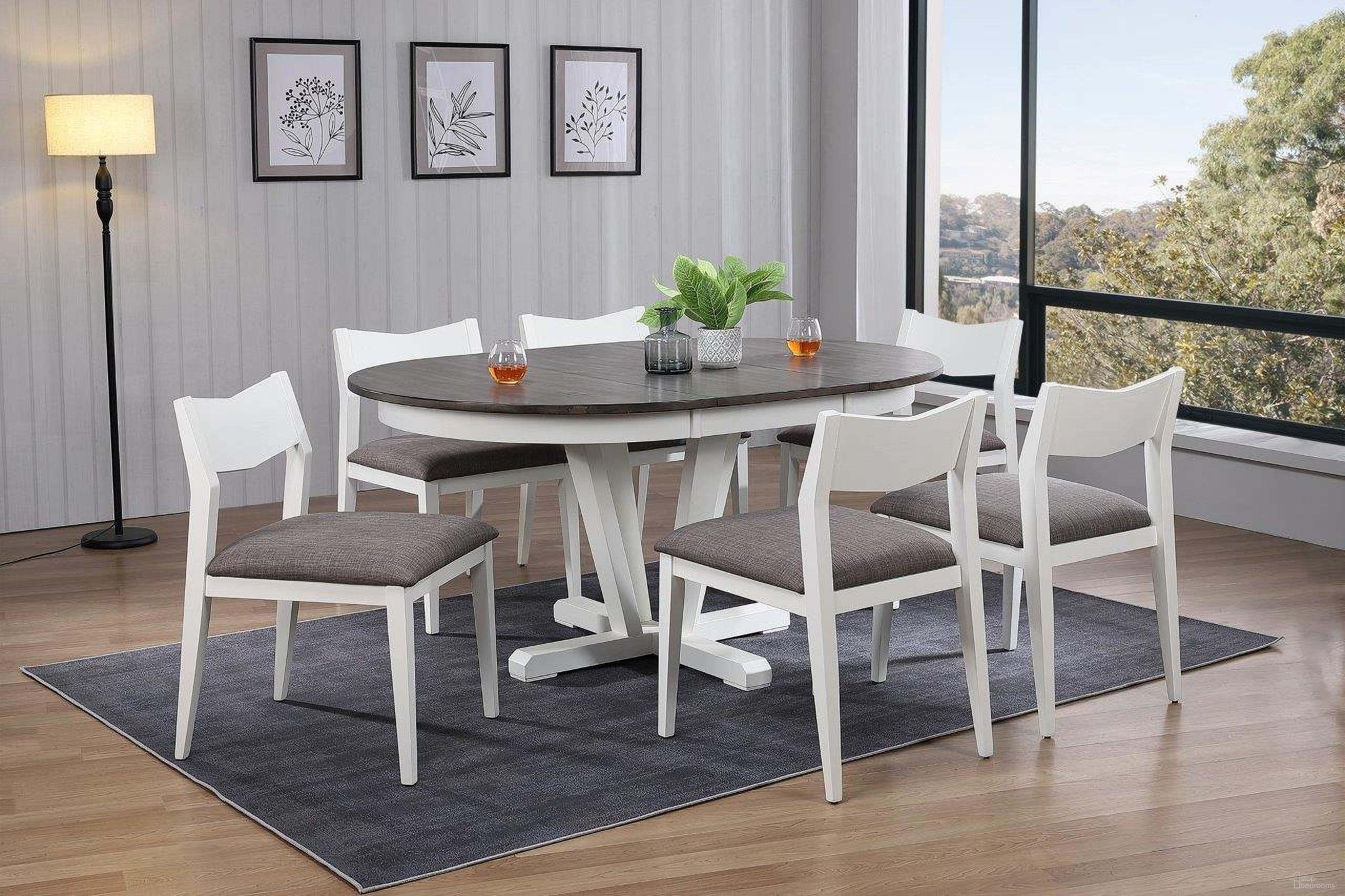 The appearance of 7-Piece Mindy Dining Set In Shadow Grey and White designed by Iconic Furniture in the modern / contemporary interior design. This shadow grey and white piece of furniture was selected by 1StopBedrooms from Hudson Collection to add a touch of cosiness and style into your home. Sku: RD45HUDCH65U98WHT-7PC. Table Base Style: Pedestal. Table Top Shape: Round. Material: Rubberwood.