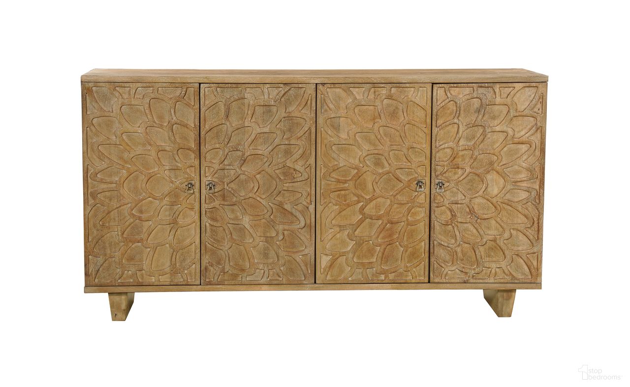 The appearance of 70 Inch Distressed Solid Wood Carved Floral Sideboard with Four Doors In Brown designed by Homeroots in the traditional interior design. This brown piece of furniture  was selected by 1StopBedrooms from  to add a touch of cosiness and style into your home. Sku: 634314. Material: Solid Wood.