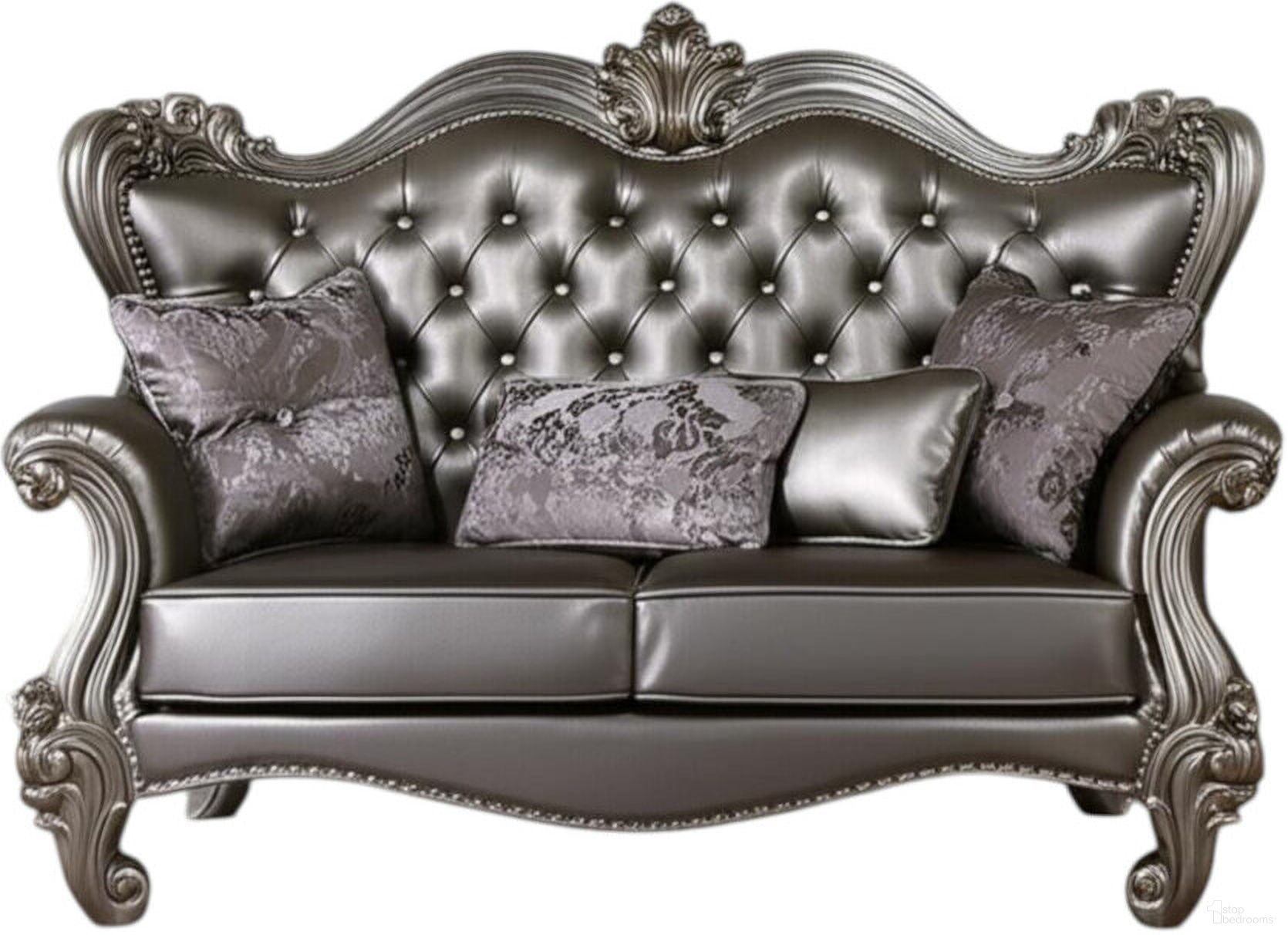 The appearance of 70 Inch Faux Leather Loveseat and Toss Pillows In Silver and Platinum designed by Homeroots in the modern / contemporary interior design. This silver and platinum piece of furniture was selected by 1StopBedrooms from to add a touch of cosiness and style into your home. Sku: 515708. Material: Faux Leather.
