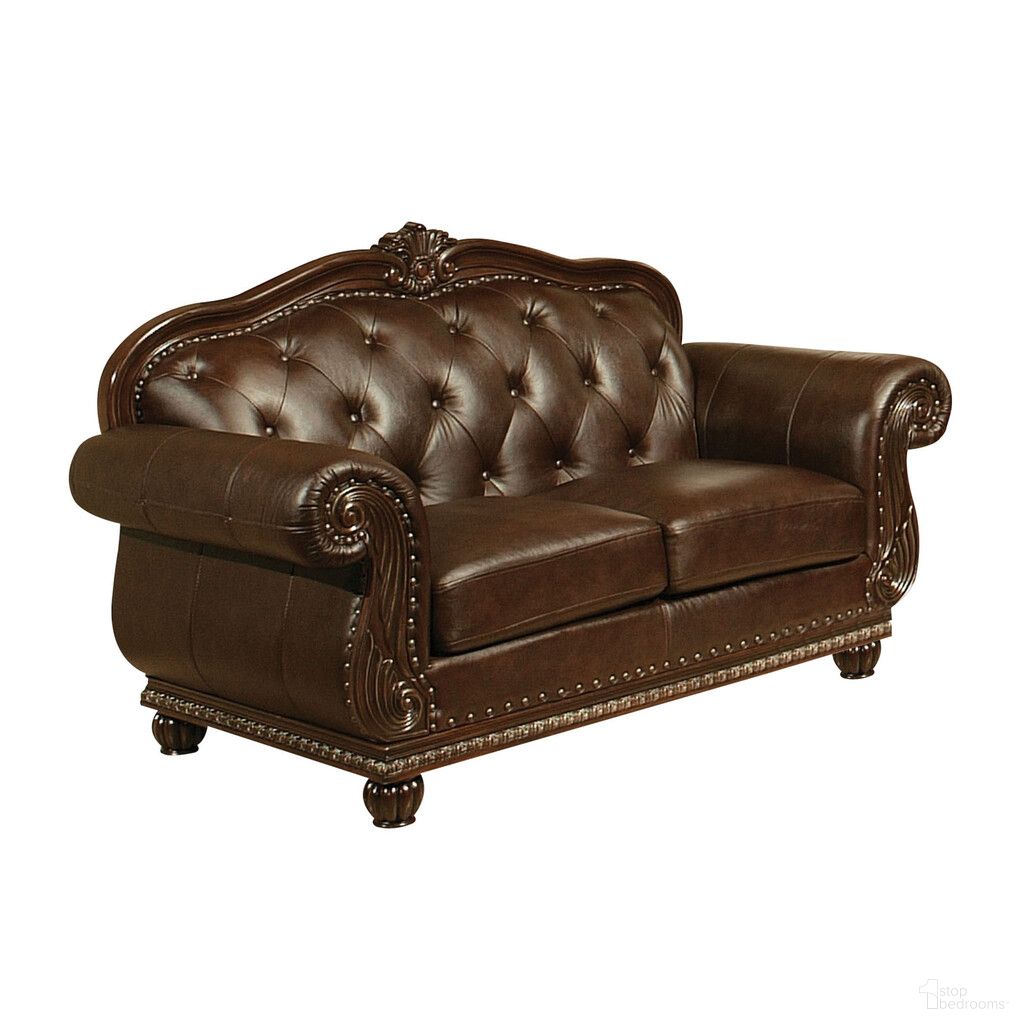 70 Inch Faux Leather Nailhead Love Seat In Espresso and Black