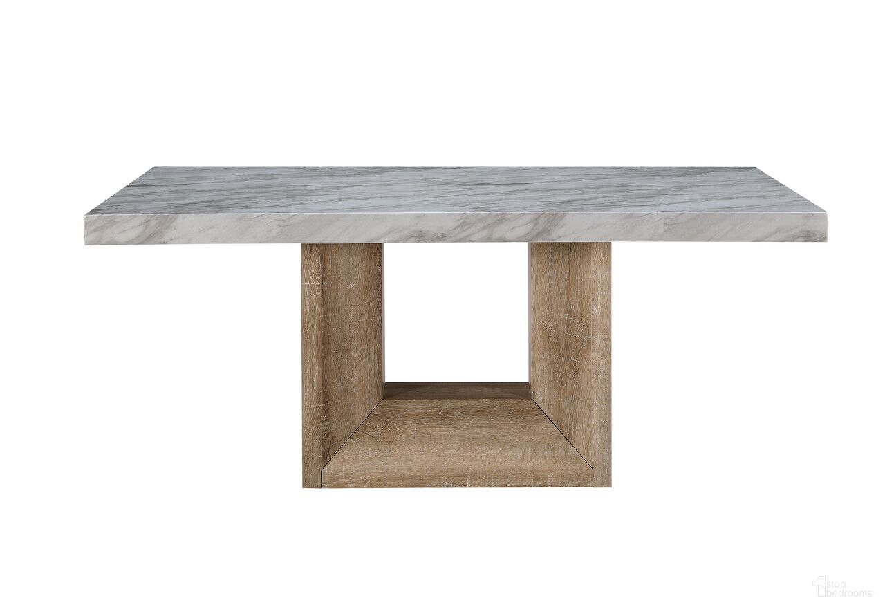 The appearance of 70 Inch Faux Marble and Wood Pedestal Base Dining Table In White and Natural designed by Homeroots in the modern / contemporary interior design. This white and natural piece of furniture  was selected by 1StopBedrooms from  to add a touch of cosiness and style into your home. Sku: 564891. Table Base Style: Pedestal. Material: Marble. Table Top Shape: Rectangular. Size: 42" x 70".