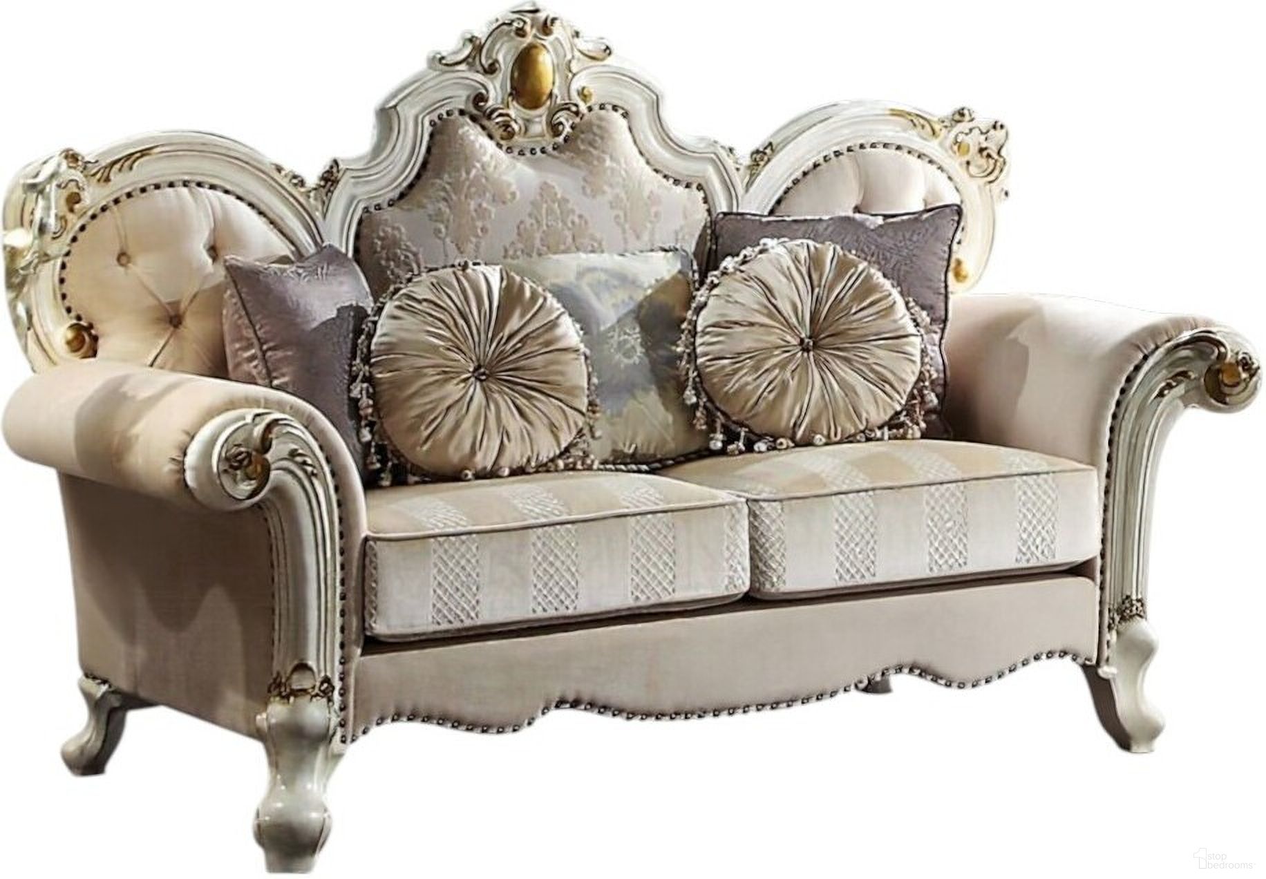 The appearance of 70 Inch Velvet Loveseat and Toss Pillows In Pearl and Gold designed by Homeroots in the modern / contemporary interior design. This pearl/gold piece of furniture was selected by 1StopBedrooms from to add a touch of cosiness and style into your home. Sku: 515707. Material: Velvet.