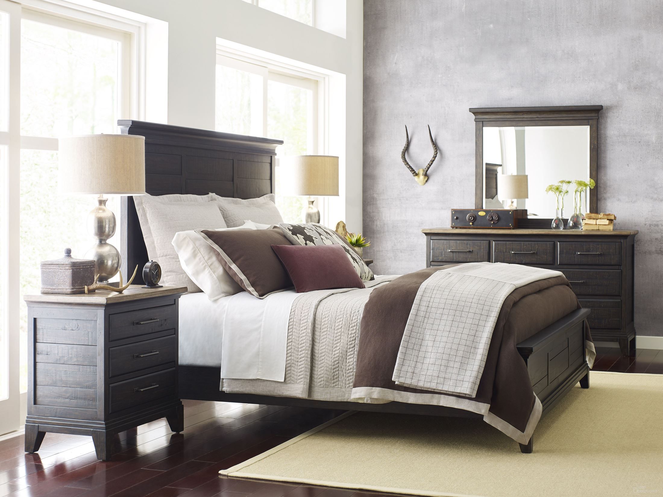The appearance of Plank Road Charcoal Jessup Panel Bedroom Set designed by Kincaid in the modern / contemporary interior design. This gray piece of furniture was selected by 1StopBedrooms from Plank Road Collection to add a touch of cosiness and style into your home. Sku: 706-304CP;706-420C. Bed Type: Panel Bed. Material: Wood. Bed Size: Queen.