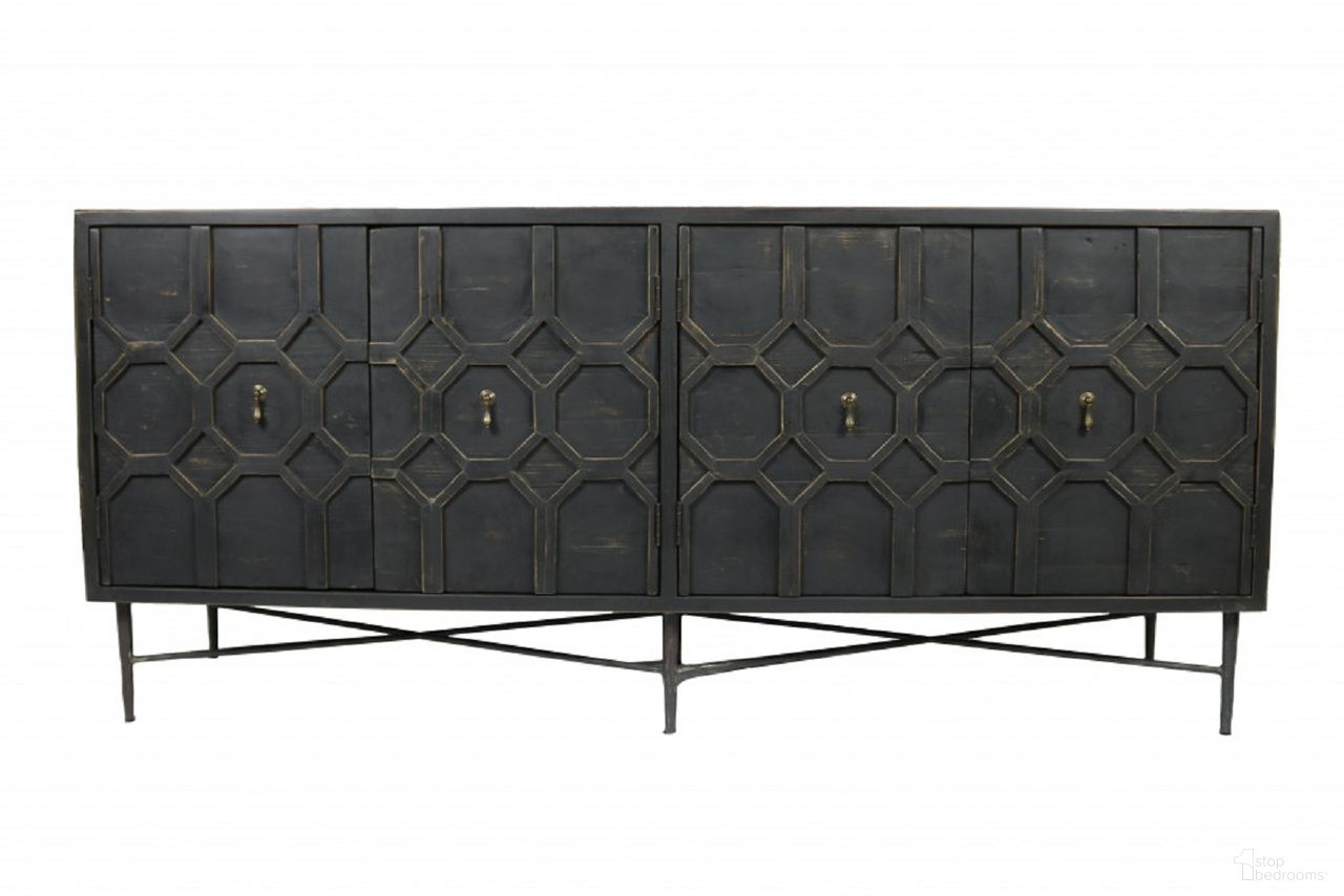 The appearance of 71 Inch Distressed Solid Wood Carved Geometric Sideboard with Four Doors In Brown designed by Homeroots in the rustic / southwestern interior design. This brown piece of furniture was selected by 1StopBedrooms from to add a touch of cosiness and style into your home. Sku: 488652. Material: Solid Wood.