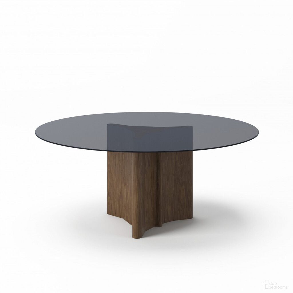 71 Inch Rounded Glass and Solid Manufactured Wood Pedestal Base Dining Table In Smoky Black and Brown