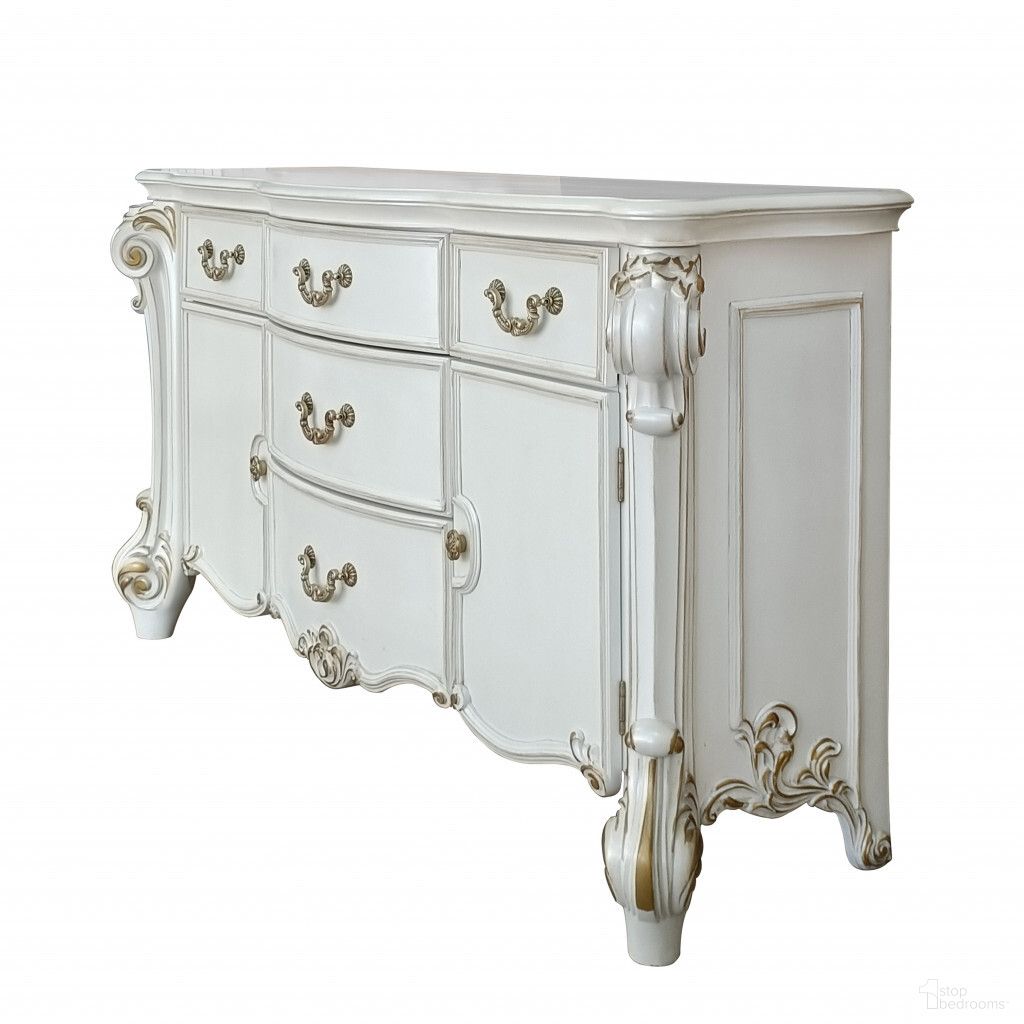 The appearance of 71 Inch Solid and Manufactured Wood Five Drawer Triple Dresser In Pearl designed by Homeroots in the transitional interior design. This pearl piece of furniture  was selected by 1StopBedrooms from  to add a touch of cosiness and style into your home. Sku: 486003. Material: Wood.