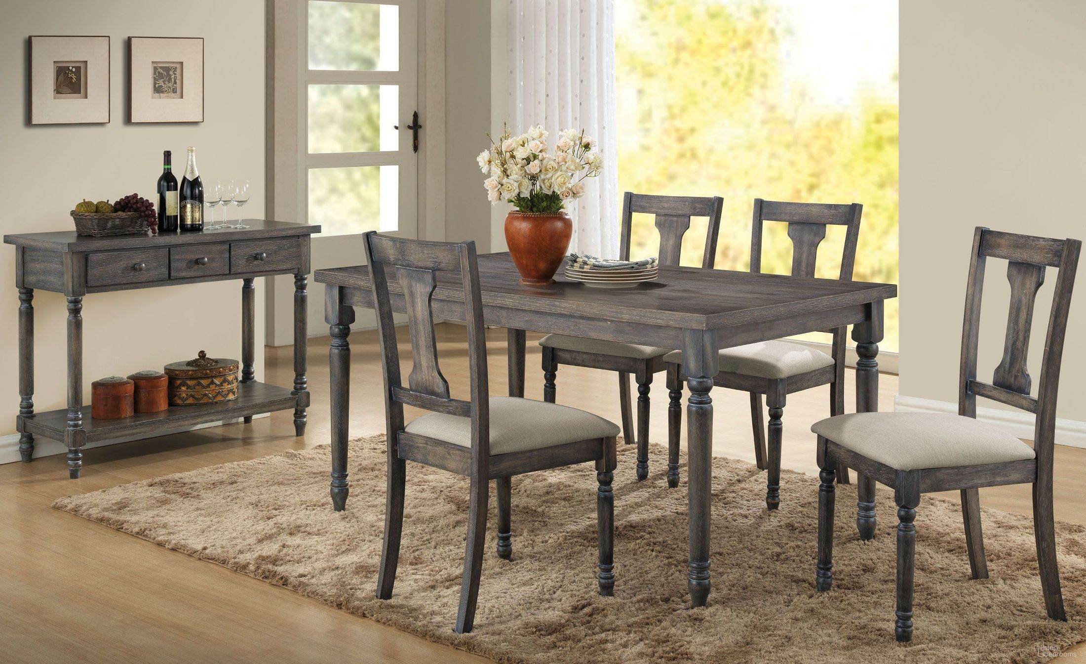 The appearance of Wallace Weathered Gray Dining Room Set designed by ACME in the transitional interior design. This red piece of furniture was selected by 1StopBedrooms from Wallace Collection to add a touch of cosiness and style into your home. Sku: 71435;71437. Table Base Style: Legs. Material: Wood. Table Top Shape: Rectangular. Size: 35" x 59".