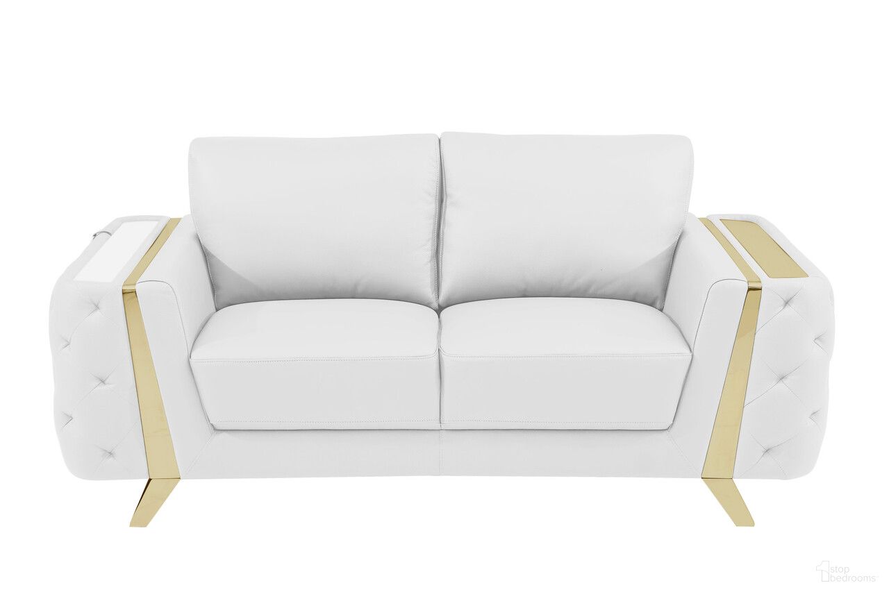 The appearance of 72 Inch Genuine Leather Loveseat In White and Gold designed by Homeroots in the modern / contemporary interior design. This white and gold piece of furniture  was selected by 1StopBedrooms from  to add a touch of cosiness and style into your home. Sku: 518570. Material: Genuine Leather.